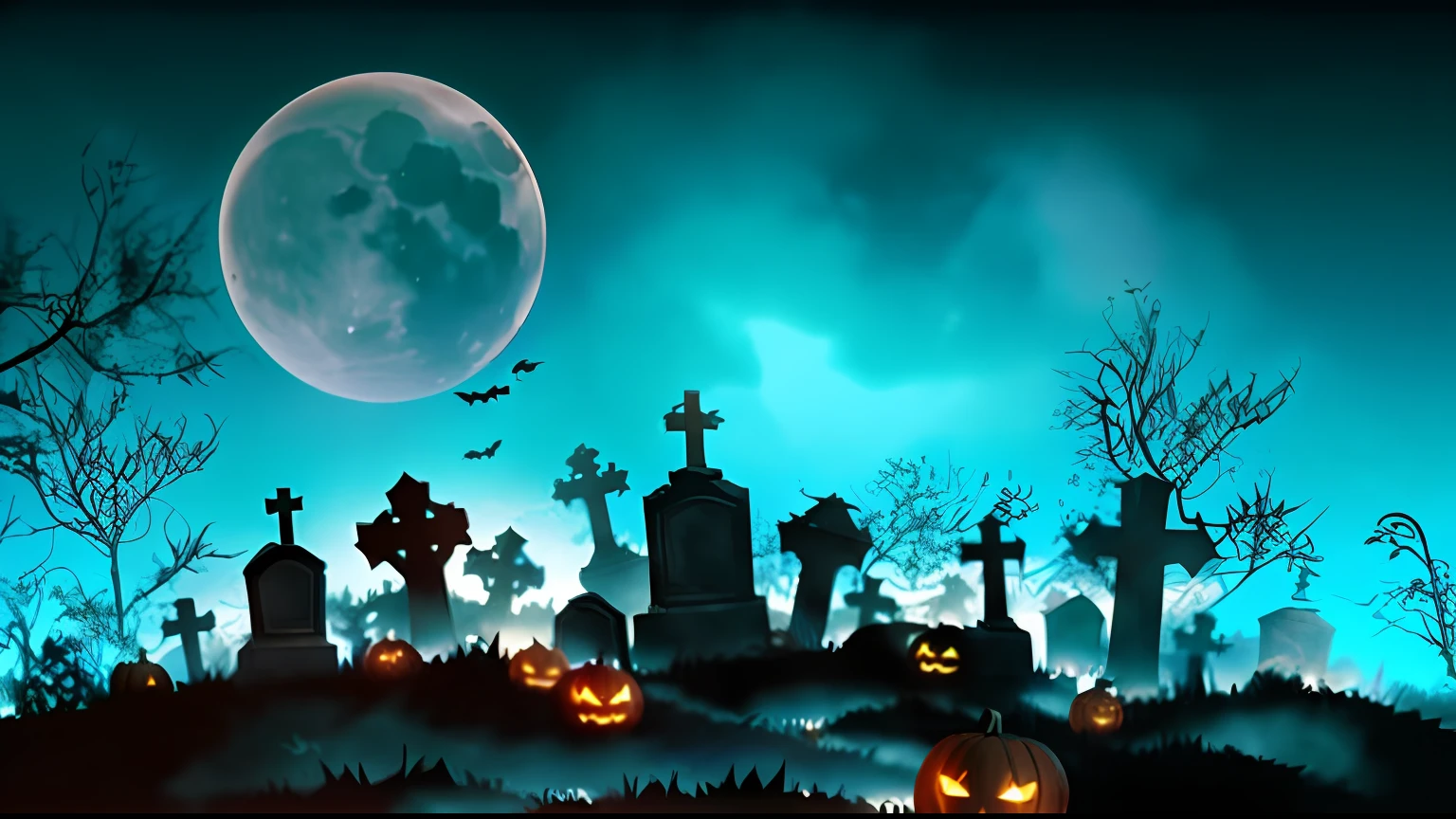 arafed cemetery with pumpkins and bats in the moonlight, halloween atmosphere, dark graveyard scene, spooky halloween night, spooky and scary atmosphere, halloween theme, halloween scene, graveyard landscape at night, halloween, graveyard background, halloween celebration, halloween night, spooky halloween theme, graveyard, scary atmosphere, background artwork, haunted gravestones, bats flying over tombstones, scary night