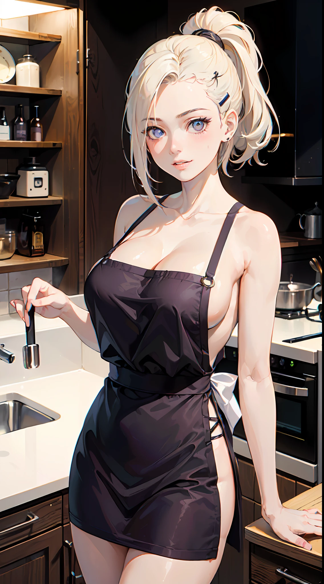 ((((masterpiece, best quality, high resolution)))), 1girl, white hair, purple eyes, bob cut, wavy hair, average breasts, blush, light smile, parted lips, glow, thighs, bare shoulders, collarbone, narrow waist, cleavage, (masterpiece), (beautiful detailed face, beautiful detailed eyes), (naked apron, kitchen, arms behind back,), yamanaka ino