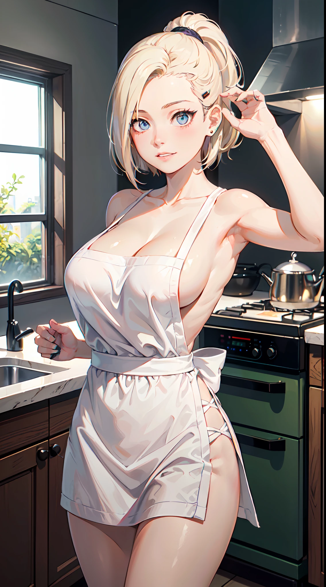 ((((masterpiece, best quality, high resolution)))), 1girl, white hair, purple eyes, bob cut, wavy hair, average breasts, blush, light smile, parted lips, glow, thighs, bare shoulders, collarbone, narrow waist, cleavage, (masterpiece), (beautiful detailed face, beautiful detailed eyes), (naked apron, kitchen, arms behind back,), yamanaka ino