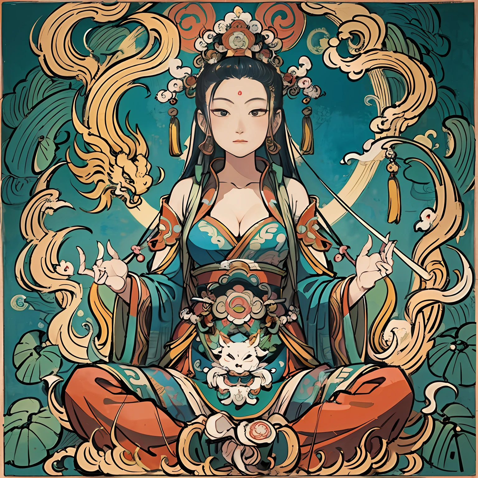 an ancient Chinese goddess, guanyin of the southern seas, Guanyin, Inspired by India, Avalokiteshvara rides a phoenix，,Serene expression,shui mo hua,Buddha,Buddhist,Lotus,Chinese painting style,Thangka style