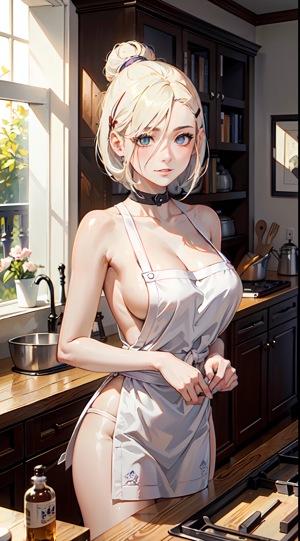 ((((masterpiece, best quality, high resolution)))), 1girl, white hair, purple eyes, bob cut, wavy hair, average breasts, blush, light smile, parted lips, glow, thighs, bare shoulders, collarbone, narrow waist, cleavage, (masterpiece), (beautiful detailed face, beautiful detailed eyes), (naked apron, kitchen, arms behind back,), yamanaka ino