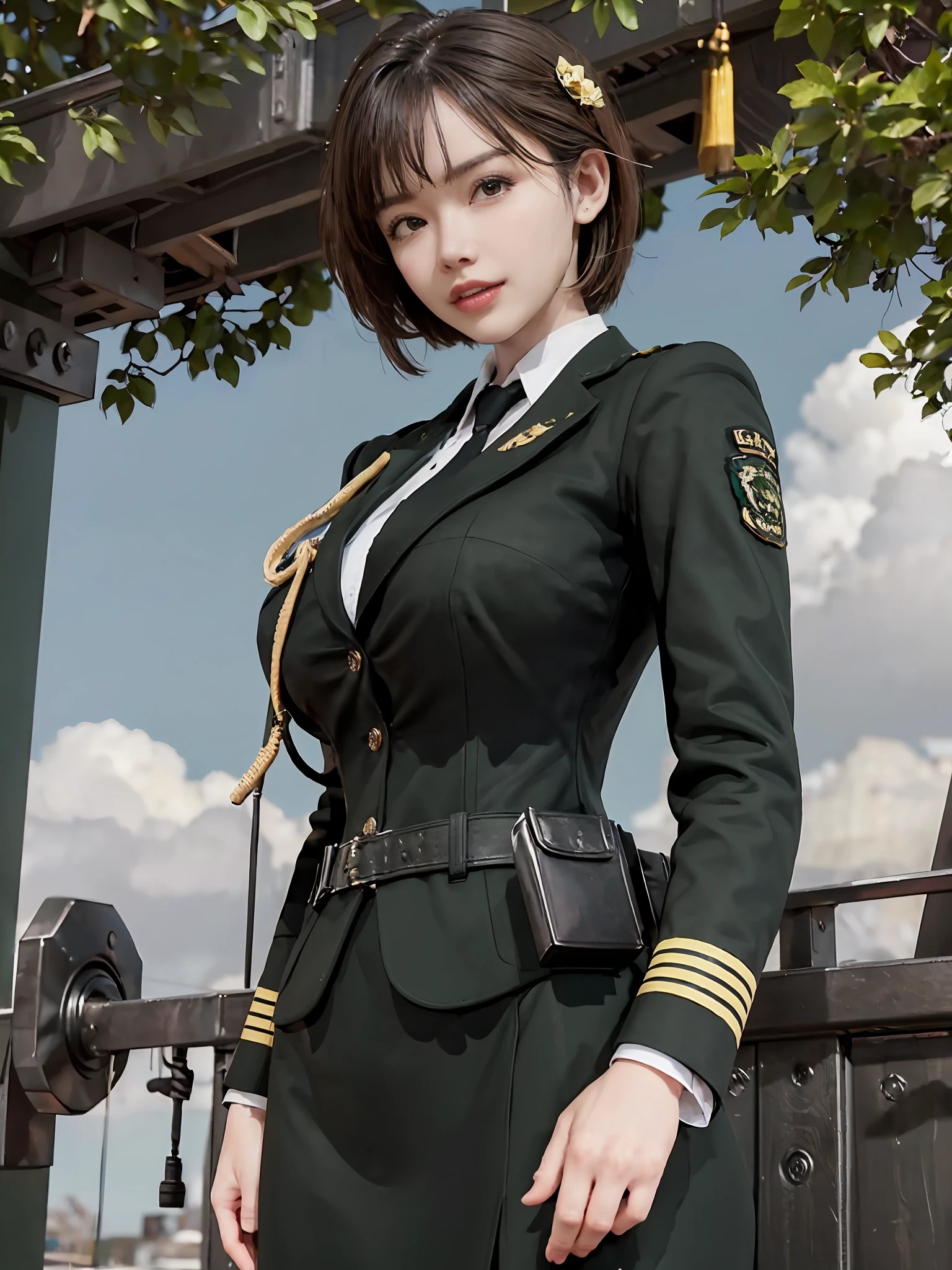 Very detailed CG unity 8K wallpaper，（tmasterpiece），（best qualtiy），（ultra - detailed），（Ultra photo realsisim），（best character detail：1.36），Nikon D750 f / 1.4 55mm，profesional lighting， physically-based renderingt, 1girll, Female soldier，army suit，Green military uniform，Fabric texture military uniform，Pure white lining，Dark green tie，Black hair，the golden ratio,[:(com rosto detalhado:1.2):0.2]:,PureErosFace_V1, broad shoulder,(Bigchest:1.5),(big assa:1.5)，Soaked with sweat，Place your hands on your chest，red flags，At the cafe，Splendid scenery，bright sun，upper body photos，Flag of China，A bright smile，White teeth，lighting，Contre-Jour，