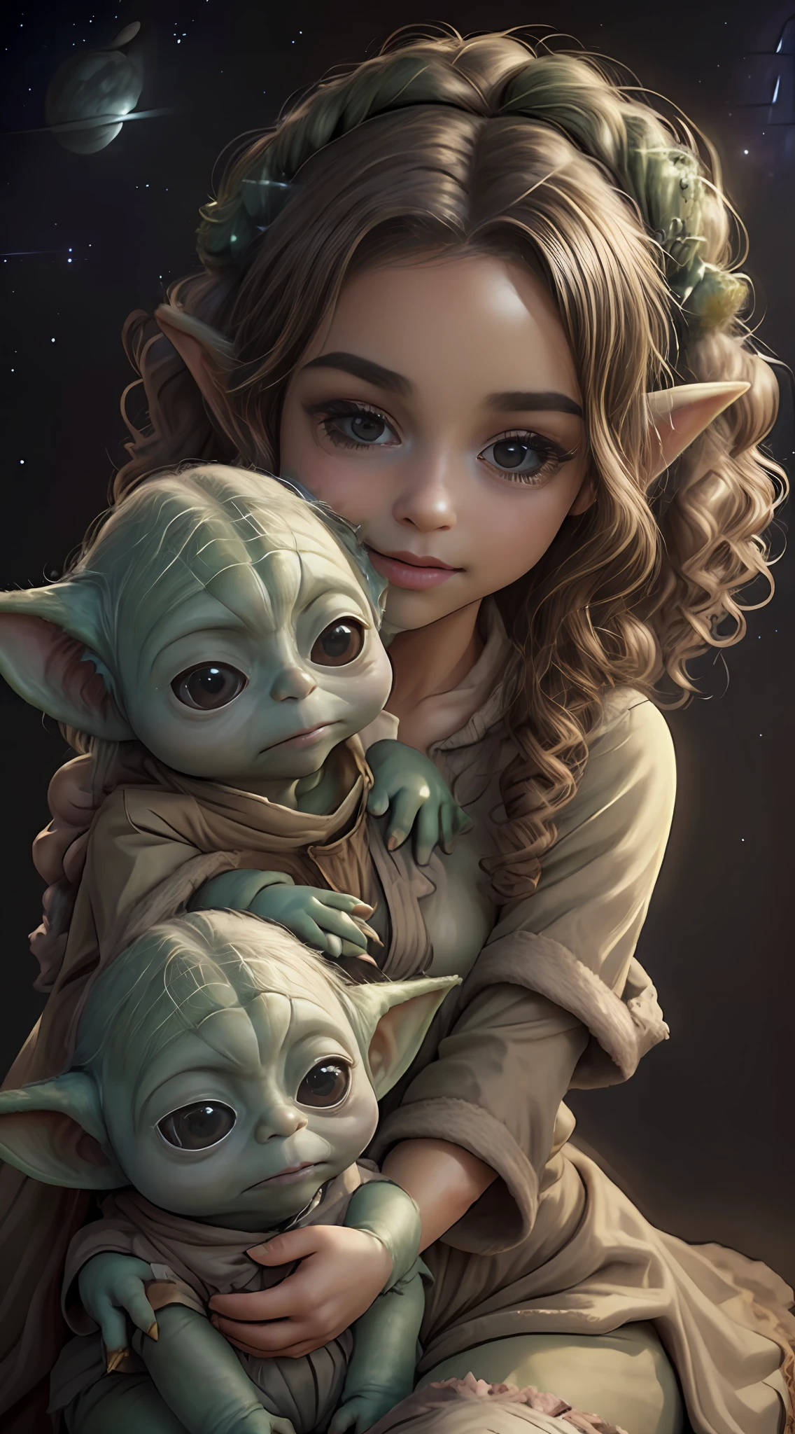 a beautiful human girl with curly brown hair holding a baby Yoda in her lap, Grogo, yoda guerra nas estrelas, art-station, .cgi_animation