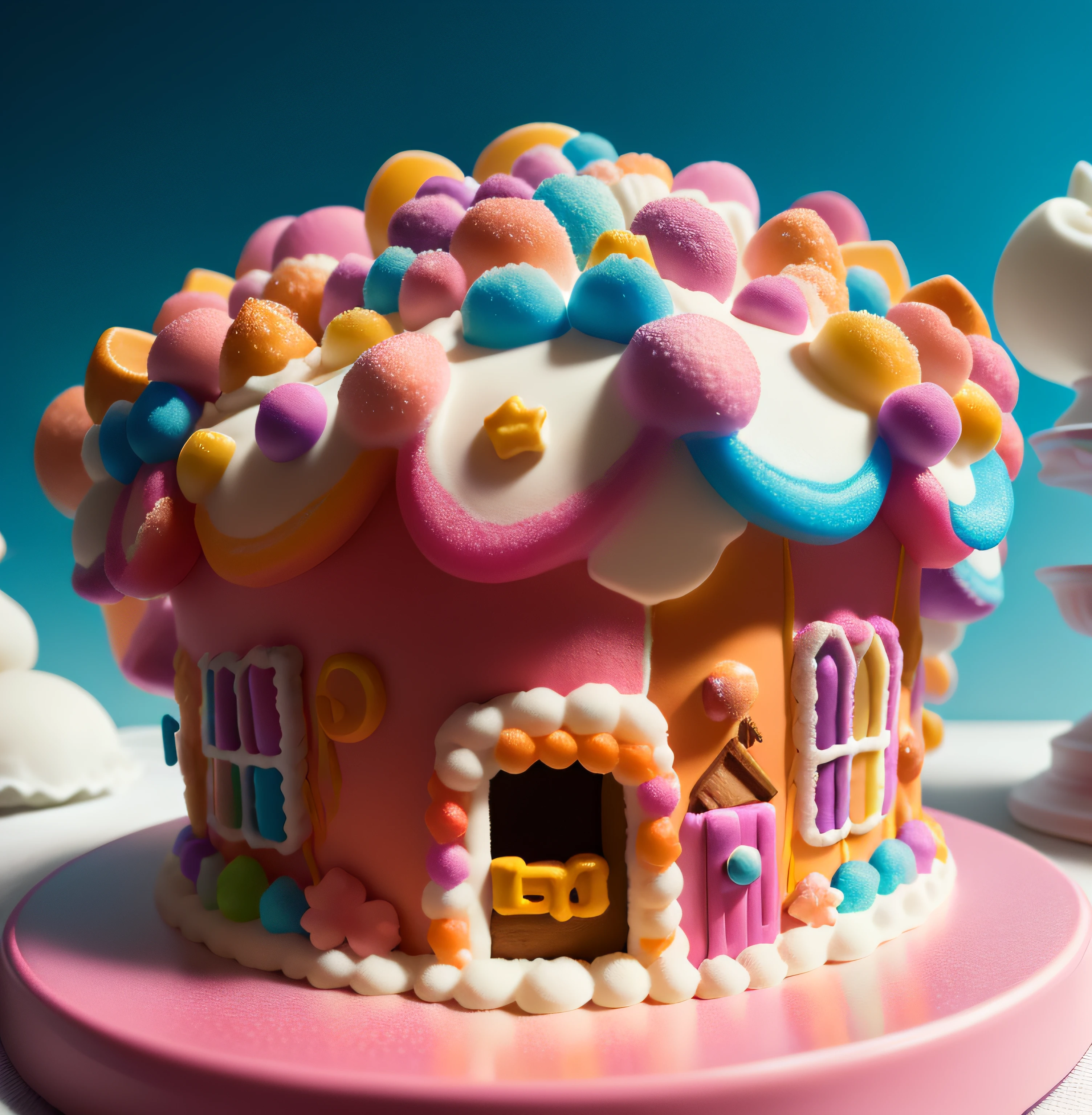 Un primer plano de una casa de dulces con una piruleta de caramelo gigante, en una casa estilo tierra de caramelos, Everything is made of candy, hecho de caramelo, made of cotton candy, COLORES DE CARAMELO, Casa colorida, caramelo recubierto, Tierra de caramelos, hecho de dulces, Candyland, Hecho de caramelos y paletas, esculpido de caramelo, DULCE HOGAR, caramelo