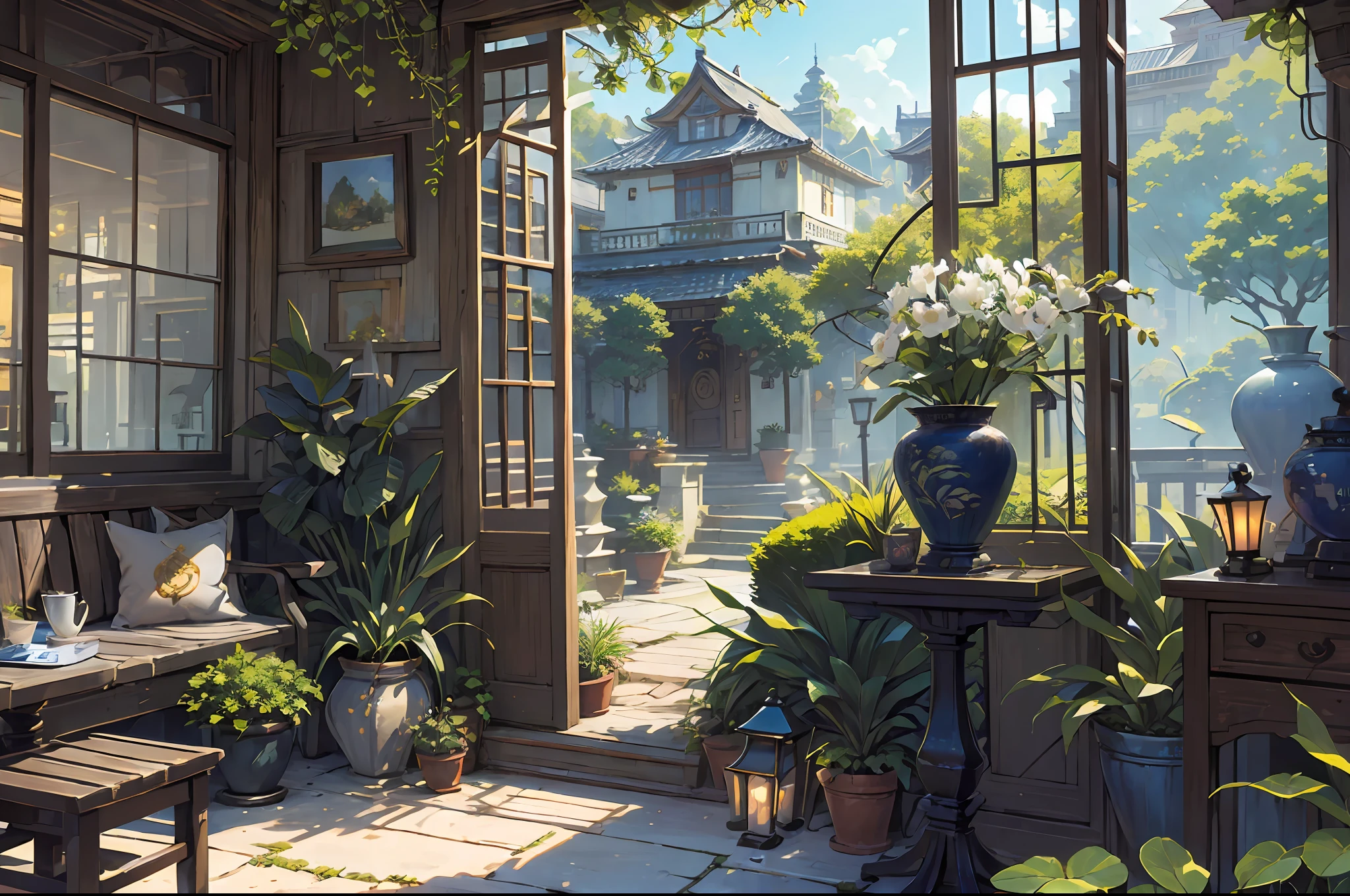 (micro-landscape:1.5),(best quality), ((masterpiece)), (highres), illustration, original, extremely detailed wallpaper, no humans, window, scenery, plant, water, potted plant, outdoors, building, door, house, flower pot, day, lily pad, chair, flower, table, stairs, watermark, hat, tree, sunlight, pond, grass, indoors, reflection, lamp, balcony, black headwear, bush, sky, railing, desk, open window, shelf, leaf, book, web address, copyright name, ladder, architecture, shadow, solo, dated, vines, vase, city, cafe, lantern, bucket, ruins, bench, shop, signature, moss, boat, barrel, river,