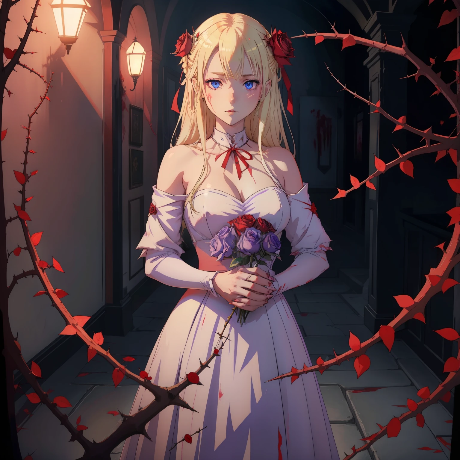 Light blonde haired anime girl with pale bluish violet colored eyes holding a thorny rose, thorns piercing the skin on her hand, bloody hands, blood trickling down her hand as she stands in a dark room with red ribbons alone