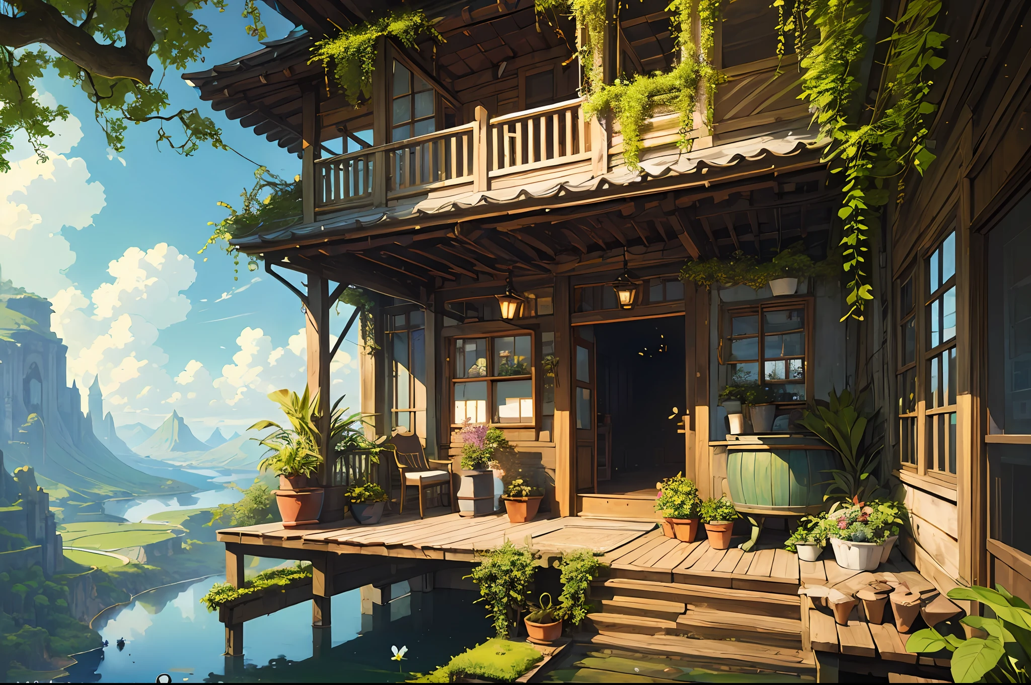 (micro-landscape:1.5),(best quality), ((masterpiece)), (highres), illustration, original, extremely detailed wallpaper, no humans, window, scenery, plant, water, potted plant, outdoors, building, door, house, flower pot, day, lily pad, chair, flower, table, stairs, watermark, hat, tree, sunlight, pond, grass, indoors, reflection, lamp, balcony, black headwear, bush, sky, railing, desk, open window, shelf, leaf, book, web address, copyright name, ladder, architecture, shadow, solo, dated, vines, vase, city, cafe, lantern, bucket, ruins, bench, shop, signature, moss, boat, barrel, river,