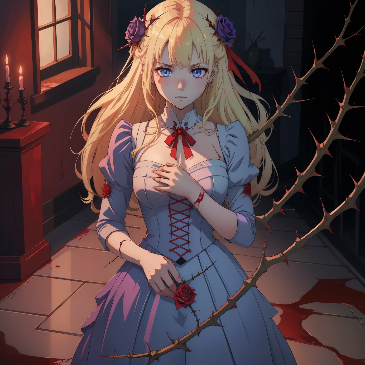 Light blonde haired anime girl with pale bluish violet colored eyes holding a thorny rose, thorns piercing the skin on her hand, bloody hands, blood trickling down her hand as she stands in a dark room with red ribbons alone