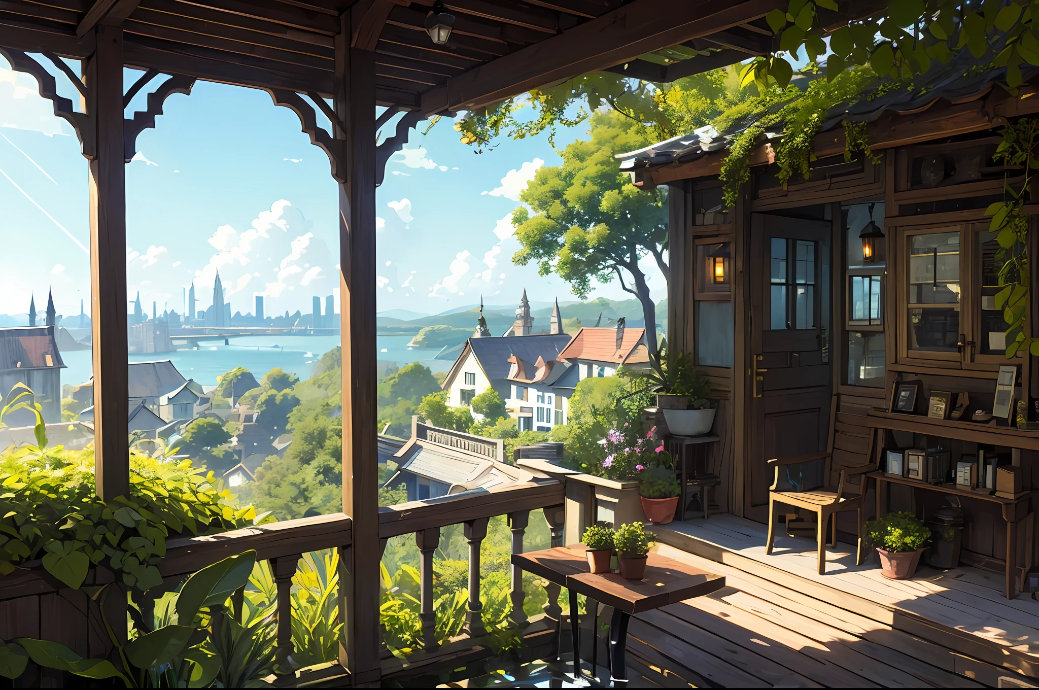 (micro-landscape:1.5),(best quality), ((masterpiece)), (highres), illustration, original, extremely detailed wallpaper, no humans, window, scenery, plant, water, potted plant, outdoors, building, door, house, flower pot, day, lily pad, chair, flower, table, stairs, watermark, hat, tree, sunlight, pond, grass, indoors, reflection, lamp, balcony, black headwear, bush, sky, railing, desk, open window, shelf, leaf, book, web address, copyright name, ladder, architecture, shadow, solo, dated, vines, vase, city, cafe, lantern, bucket, ruins, bench, shop, signature, moss, boat, barrel, river,