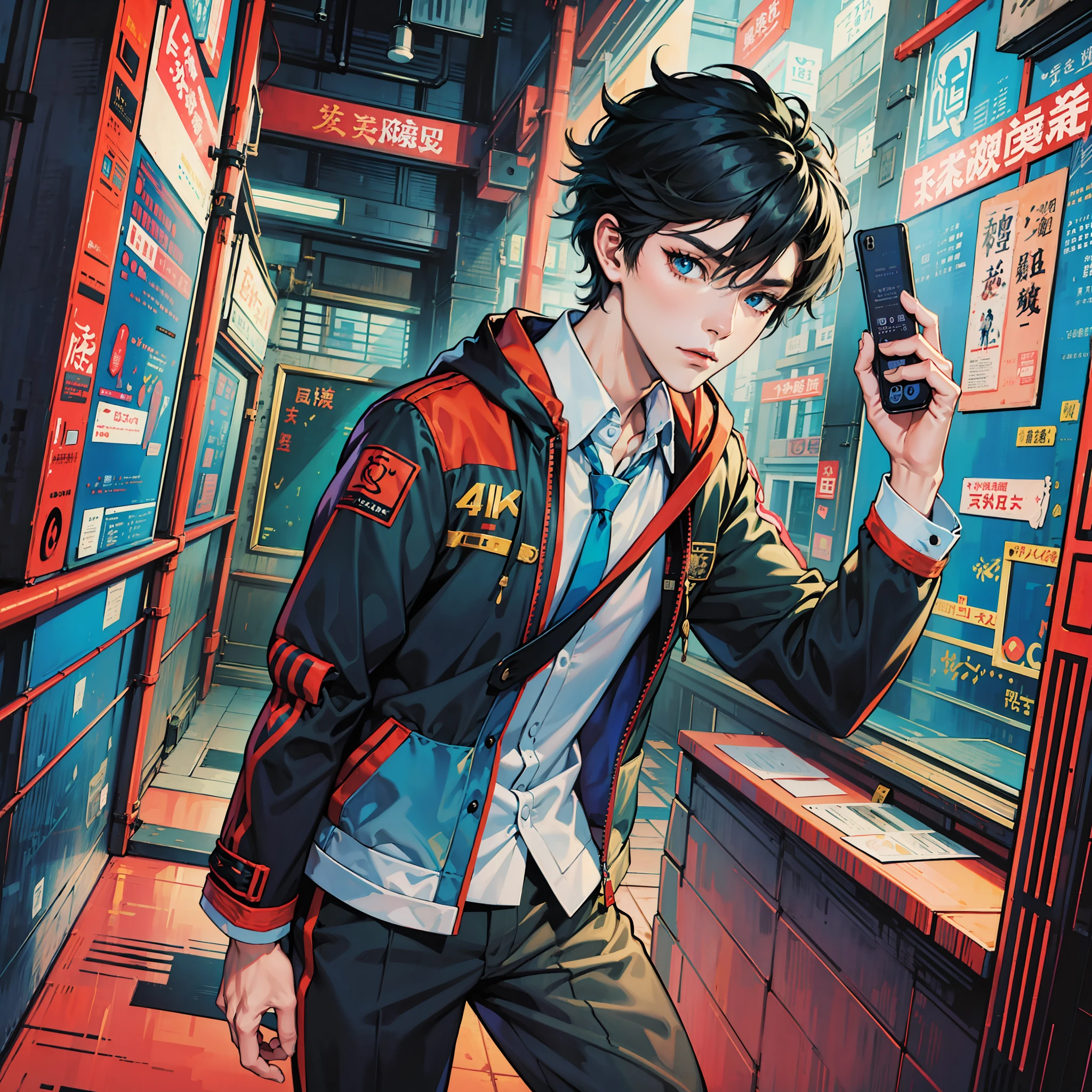 Anime boy calls to talk, ig studios anime style, nightcore, style of anime4 K, High quality anime art style, Anime boy, young anime man, Anime art style, Digital anime illustration, Anime style. 8K, in an anime style, male anime character, Kawasi，best qualtiy：1.0），（超高分辨率：1.0），Anime boys，with short black hair，blue color eyes，‎Classroom，blackboards，classroom desk，hyper HD