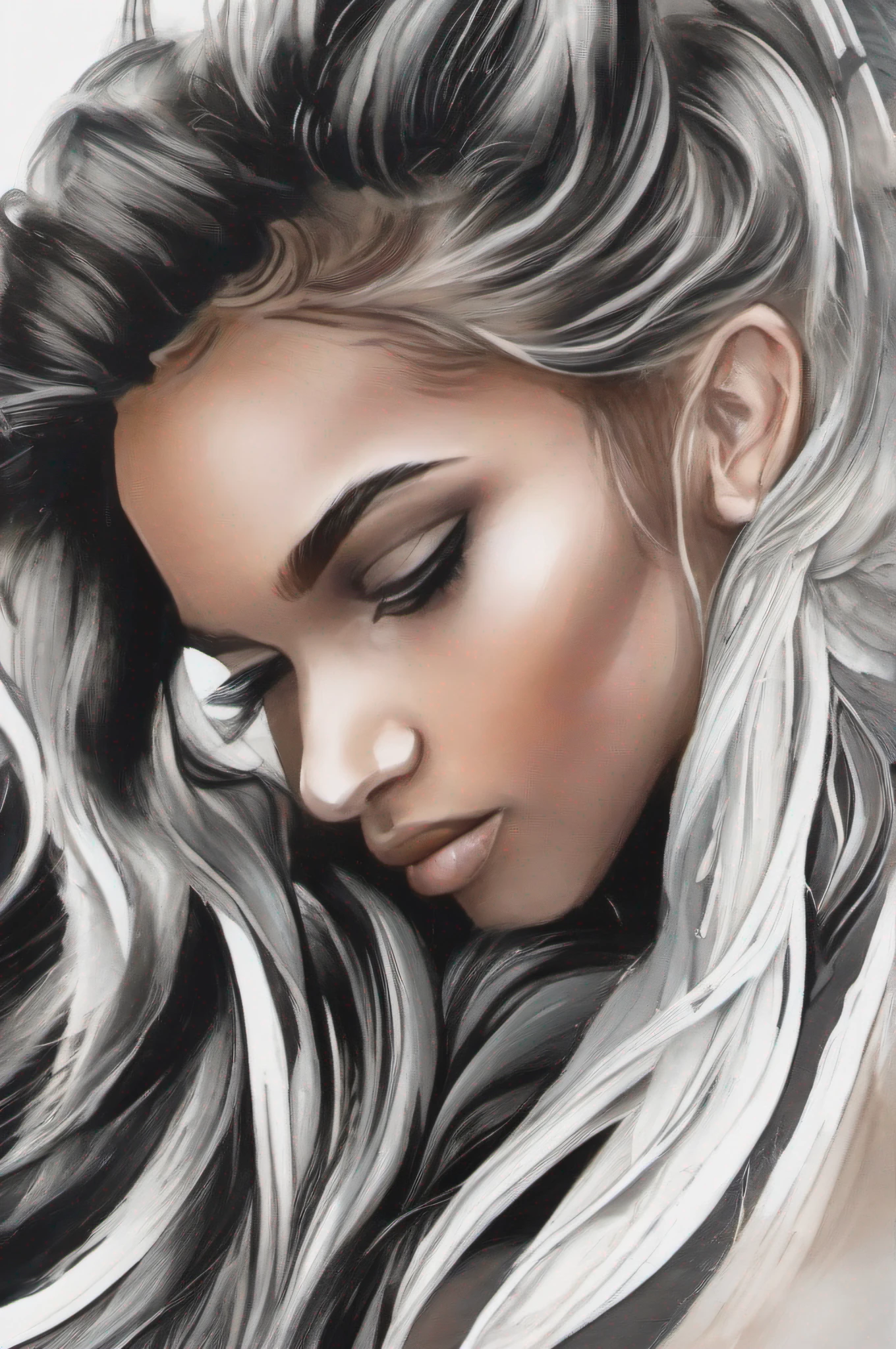 mulher branca com cabelo preto curto sobrancelha grossa e olhos pretos 8k, super detail, ccurate, best quality, Estilo aquarela, brush strokes, tons pasteis