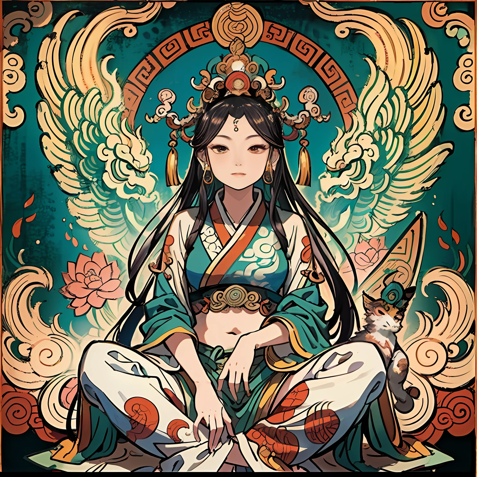an ancient Chinese goddess, guanyin of the southern seas, Guanyin, Inspired by India, Avalokiteshvara rides a phoenix,,Serene expression,shui mo hua,Buddha,Buddhist,Lotus,Chinese painting style,Thangka style