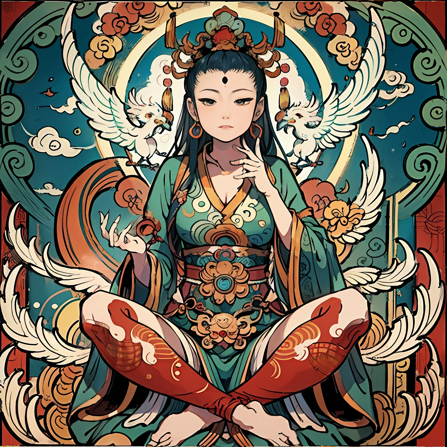 an ancient Chinese goddess, guanyin of the southern seas, Guanyin, Inspired by India, Avalokiteshvara rides a phoenix,,Serene expression,shui mo hua,Buddha,Buddhist,Lotus,Chinese painting style,Thangka style