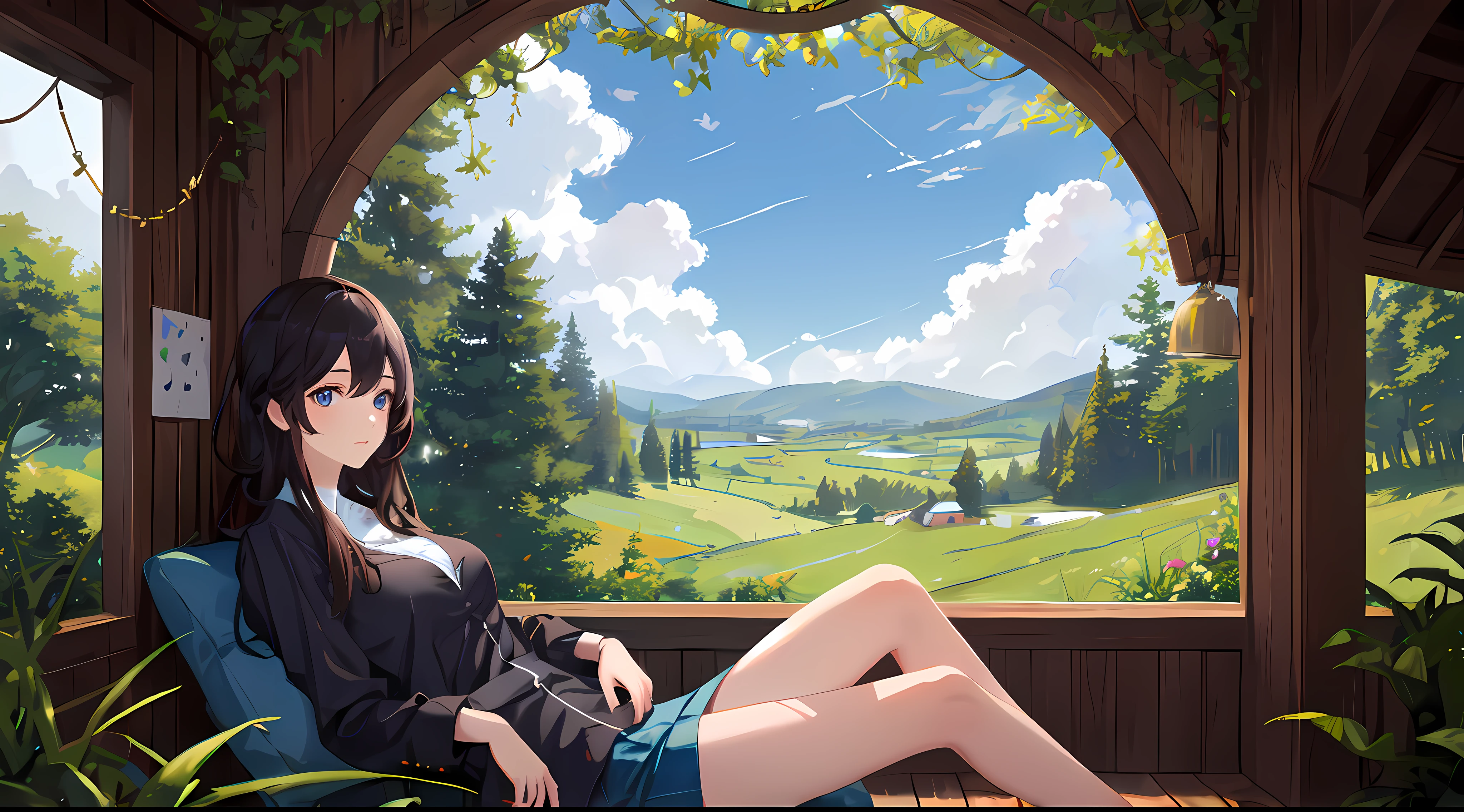 "1 girl relaxing enjoying the view Forestry landscape with gorgeous blue sky and clouds bright green grass and lush wallpaper for desktop Hyper masterpiece detailed art"