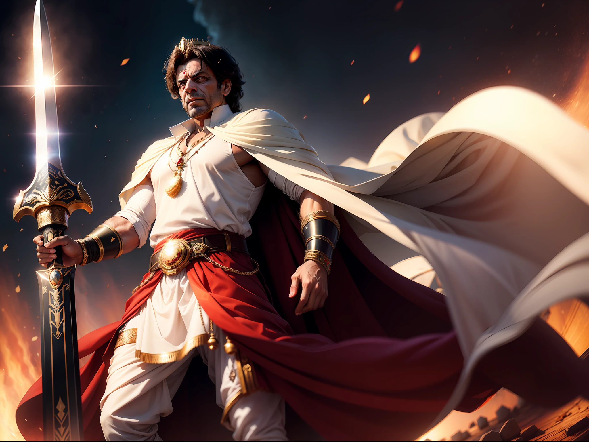 Make realistic ultra Hd portrait of Ex prime minister of Pakistan imran khan wearing chains, shackle and manackes. Make realistic face textures. King imran khan wearing crown and holding Cosmosic sword. There are cosmosic lights in the background