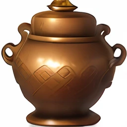 There is a large brown vase,There is a cover on a black background, pot, hyperdetailed scp artifact jar, rpg item, pottery, Bronze, item art, amphora, Clay, gold, potion, drawn image, ceramic pot, Ancient Greek pottery, terracotta warriors, Ancient Greek vase, Ancient, vases, magic item, stew, arte renderizada, Aztek, random detail