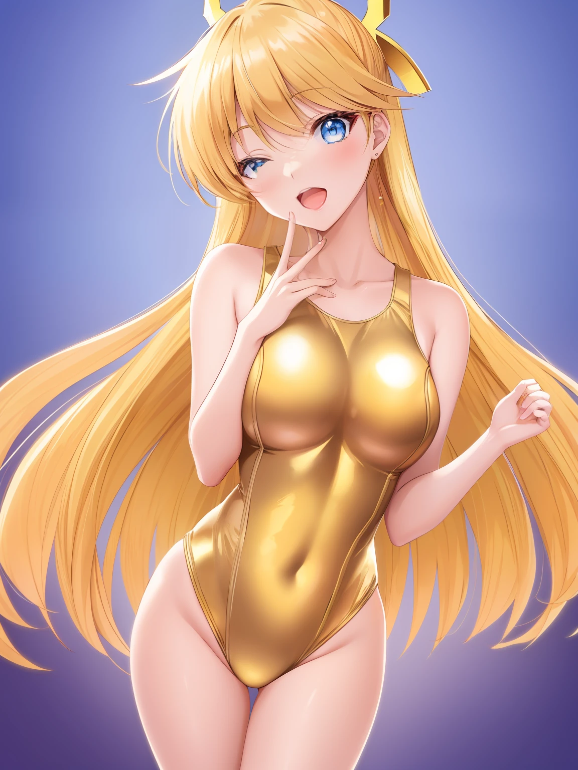Anime girl in shiny golden one-piece swimsuit with red bow, in a gold one piece swimsuit, garments:Competitive swimsuit, Seductive Anime Girl, anime goddess, Ecchi anime style, blonde anime girl with long hair, knights of zodiac girl, beautiful alluring anime ,large full breasts