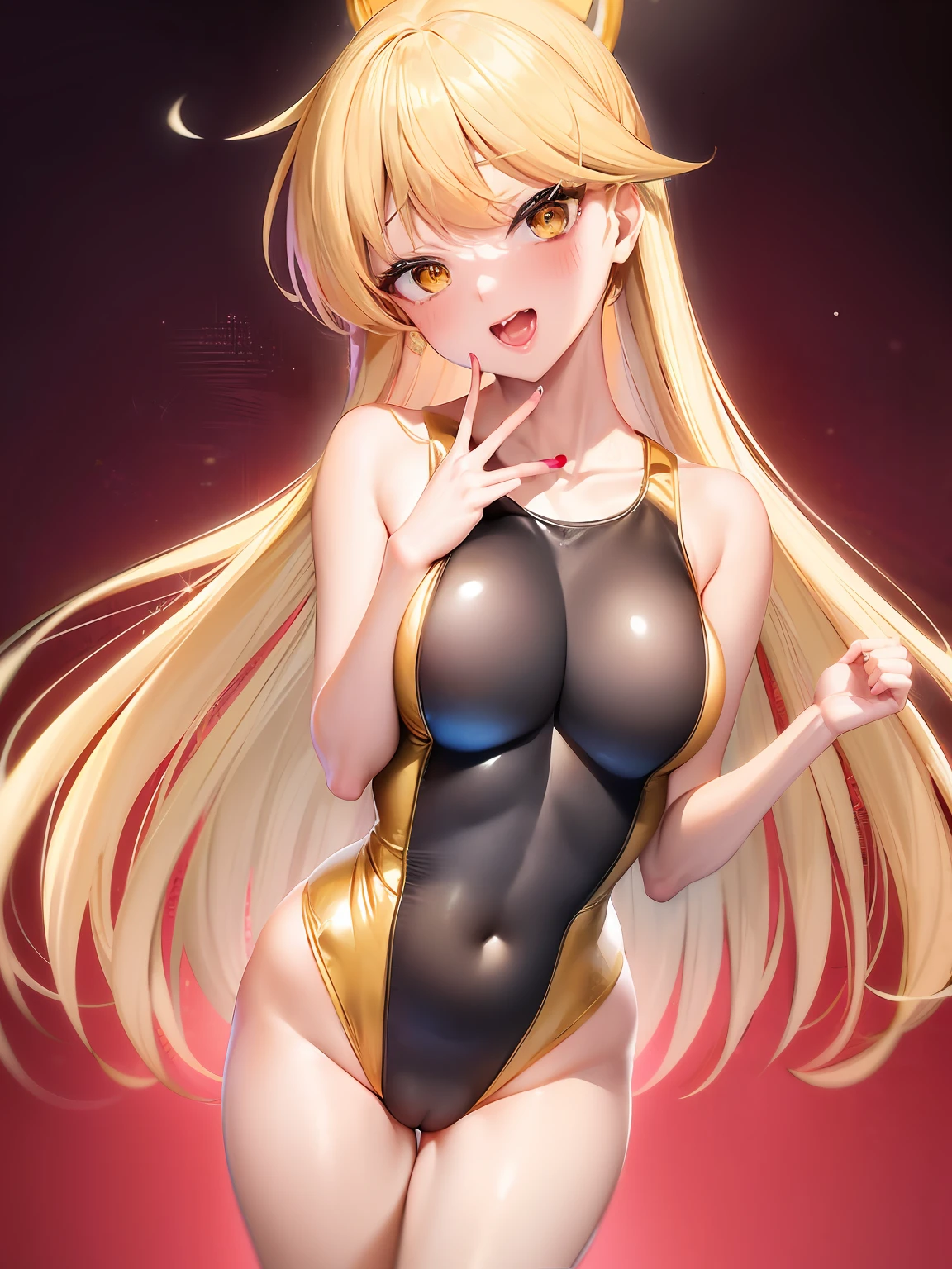 Anime girl in shiny golden one-piece swimsuit with red bow, Golden Tank Suit, in a gold one piece swimsuit, garments:Competitive swimsuit, Seductive Anime Girl, anime goddess, Ecchi anime style, blonde anime girl with long hair, knights of zodiac girl, Beautiful charming anime madam,large full breasts