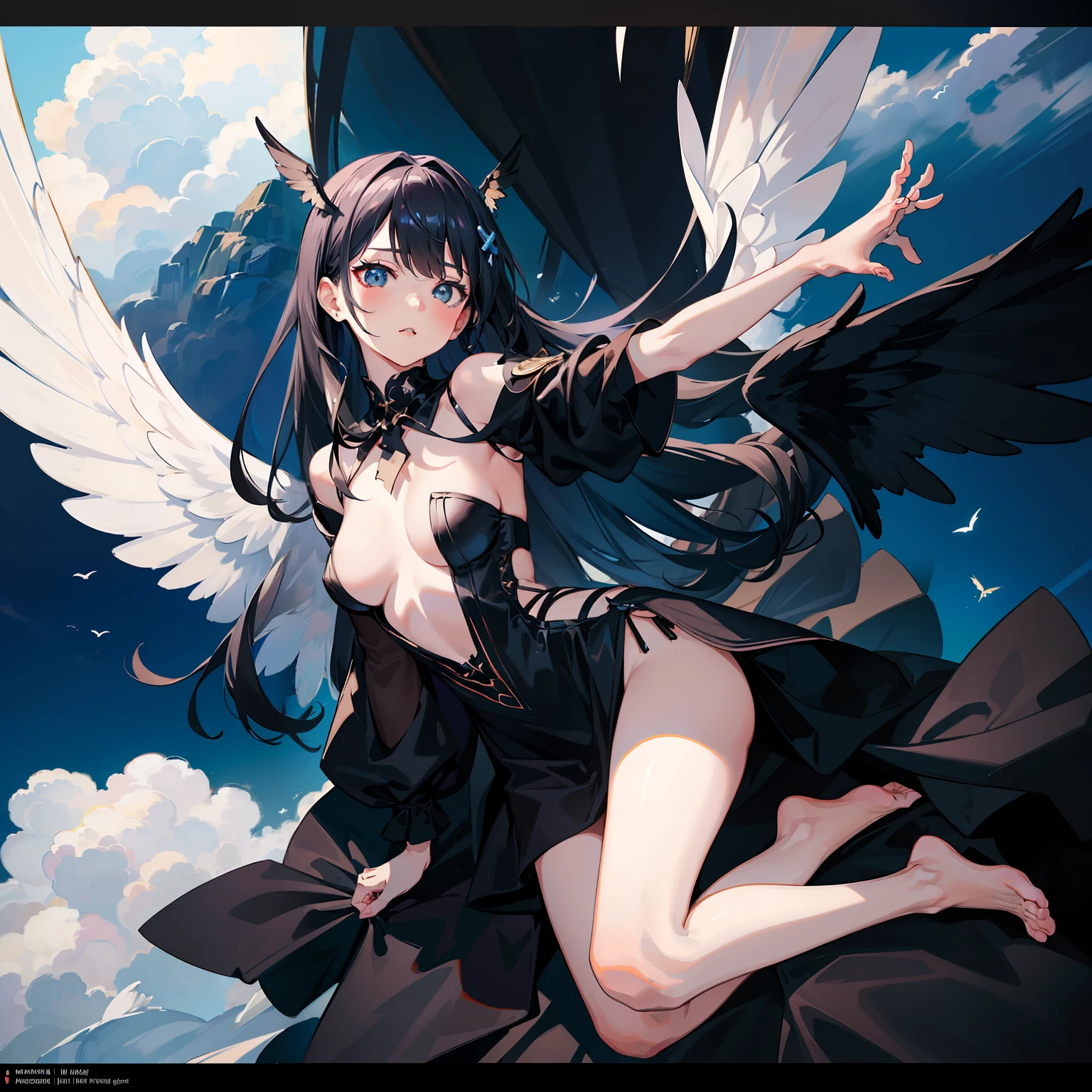 1girll,Masterpiece, 8K,Semi-realistic,4K,RTX,Shaders,brilliant texture work，The dress is black，blackstockings，White gloves，Long blue hair dragged to the ground，Cute wings，The barefoot，Smooth body，Portable lanterns，surrounded by cloud，Exposed Body，Clothes were torn，Exposed flesh at the waist