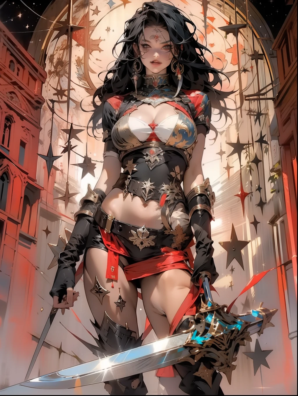 (((mulher))), (((melhor qualidade))), (((obra prima))), (((adulta))), Uma guerreira mulher de 35 anos com corpo perfeito, She-Lobo, (( under boobs )), ((( micro saia ))), ((( cinta liga ))), quase nua no estilo selvagem urbano de Simon Bisley para a capa da revista Heavy Metal, cabelo loiro, Minimum clothing, armadura (vermelho escuro com estrelas brancas), cheio de pontas e rebites manchadas de tinta, tatuagem de estrelas de 5 pontas, (((corpo inteiro))), cabelo preto curto com franja branca cobrindo a testa