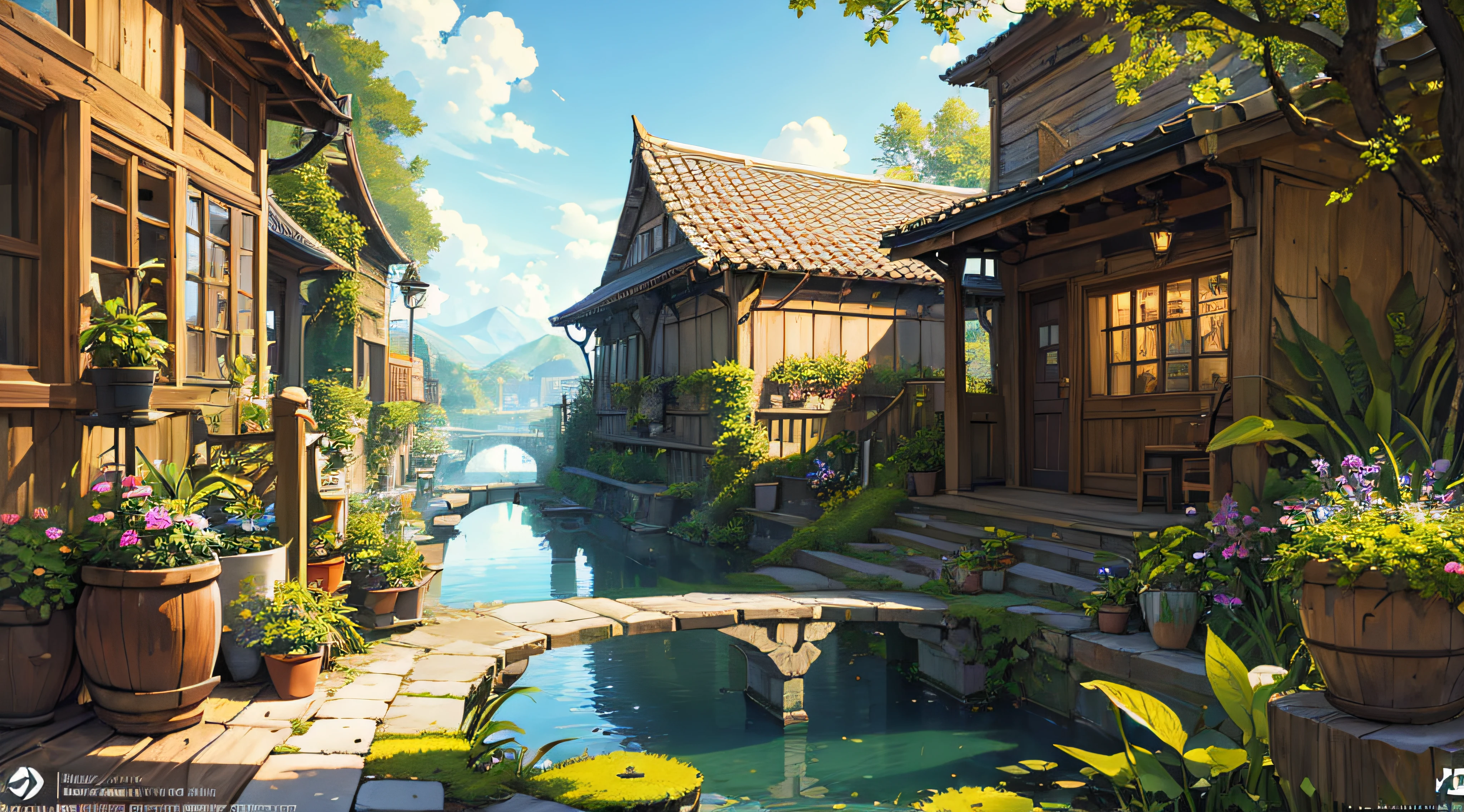 (micro-landscape:1.5),(best quality), ((masterpiece)), (highres), illustration, original, extremely detailed wallpaper, no humans, window, scenery, plant, water, potted plant, outdoors, building, door, house, flower pot, day, lily pad, chair, flower, table, stairs, watermark, hat, tree, sunlight, pond, grass, indoors, reflection, lamp, balcony, black headwear, bush, sky, railing, desk, open window, shelf, leaf, book, web address, copyright name, ladder, architecture, shadow, solo, dated, vines, vase, city, cafe, lantern, bucket, ruins, bench, shop, signature, moss, boat, barrel, river,