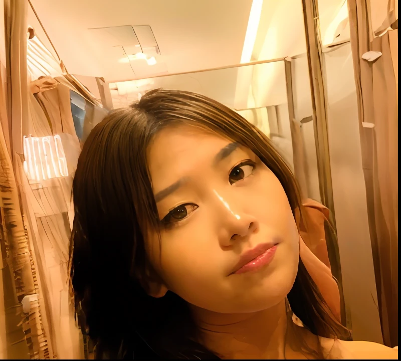 there is a woman taking a selfie in the bathroom mirror, Young and cute asian face, She has a cute face, She is facing the camera, oil painted