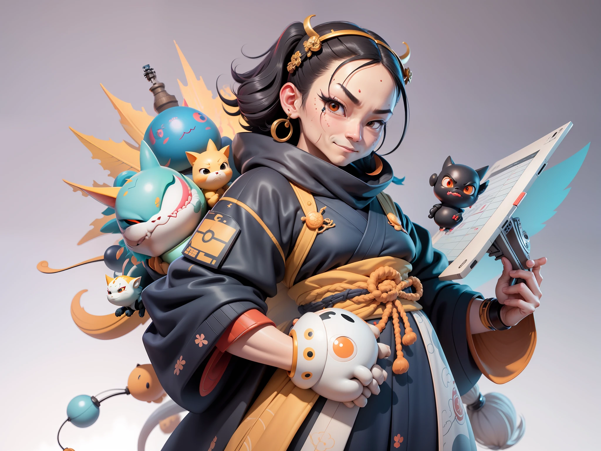 (Daisaku),(Need),(Super meticulous),(full bodyesbian:1.2),Japanese ukiyo-e girl,japanese geisha,Beautiful,Oriental dragon,Aeolian Thor,Raised sexy,爆乳,Oriental face,TV Anchor,Bust portrait illustration,Alone,In black suit,a blue tie,The face is slightly chubby,The face was clean,without a beard,Black super short hair,Black eyes,Smile confidently,3C computer sub-products,iPad, iphone,Digital painting,3D character design by Mark Clairen and Pixar and Hayao Miyazaki and Akira Toriyama,The illustration is a high-definition illustration in 4K resolution,With very detailed facial features and cartoon-style visuals。