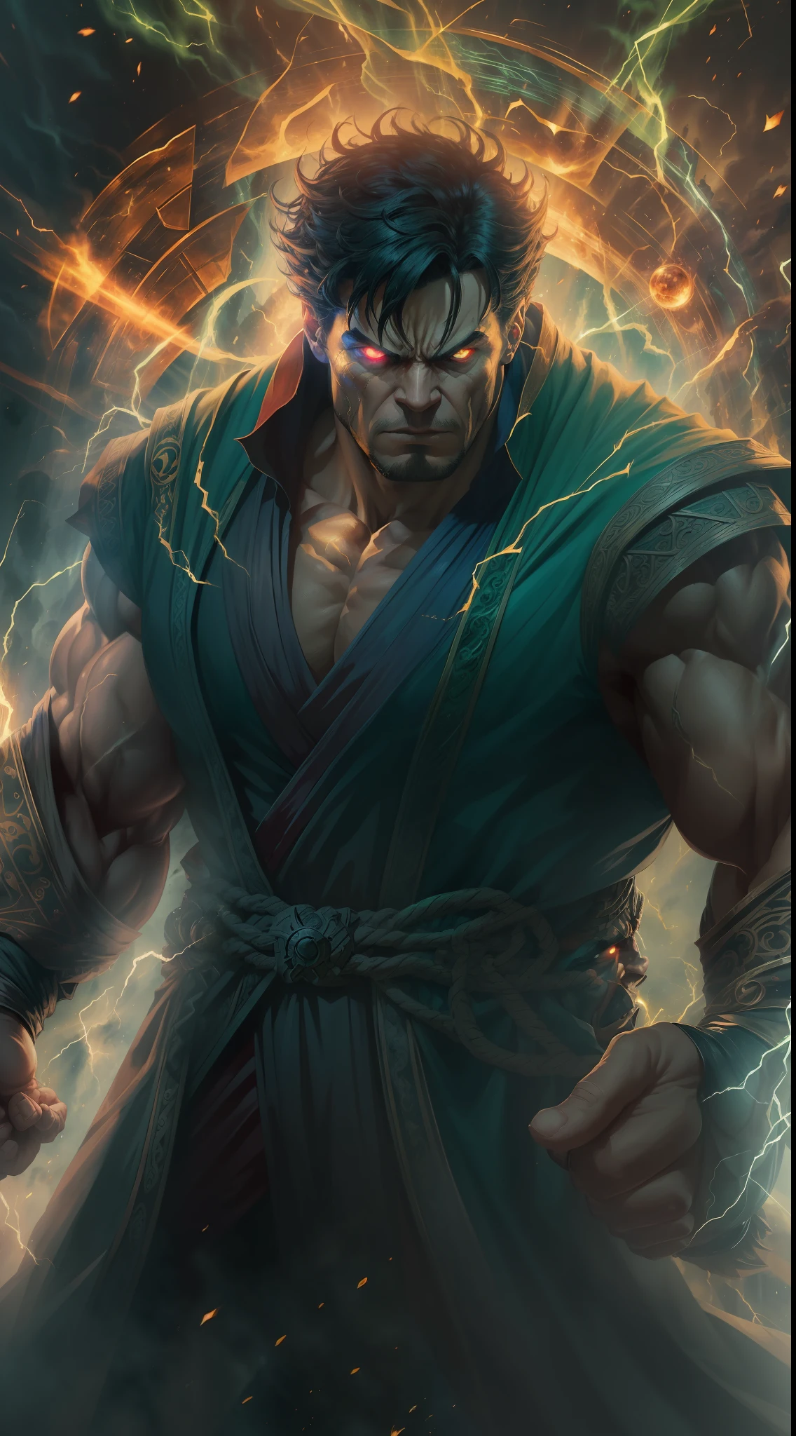 (Ultra resolution 8K), Epic work of art, impresionante, Hulk fusionado con el poderoso Doctor Strange, creating a formidable and unique entity. This fusion combines the incredible physical strength and endurance of the Hulk with the magic and mystical knowledge of Doctor Strange.. His green skin glows with magical symbols, as he channels spells and spells through his fury. His eyes sparkle with a mystical aura as he unleashes devastating magical attacks and powerful blows., becoming an unstoppable force capable of facing any threat that stands in its way.