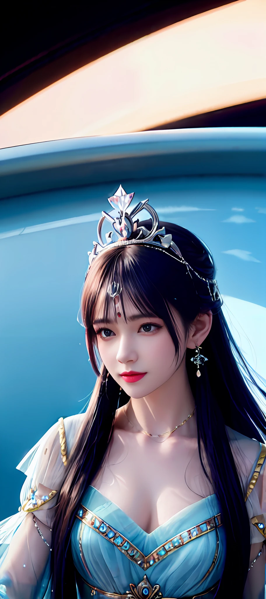 realisticity: 1.2), best quality, masterpiece, highres, super detail, ultra detail, cg, 1girl, queen, sword, long hair, dress, diamond dress, solo, jewelry, yellow dress, wearing a very beautiful dress, there are lots of diamonds on her dress which is very beautiful,
wearing a very beautiful crown, earrings, hair ornament, splashing, upper body super realistis, hair bun, blue and pink hair, sitting on a magnificent and beautiful royal throne backgraun super realistis and super detail, ultra detail, lighting,candid, Photograph, high resolution, 8k, 10k, Bokeh,