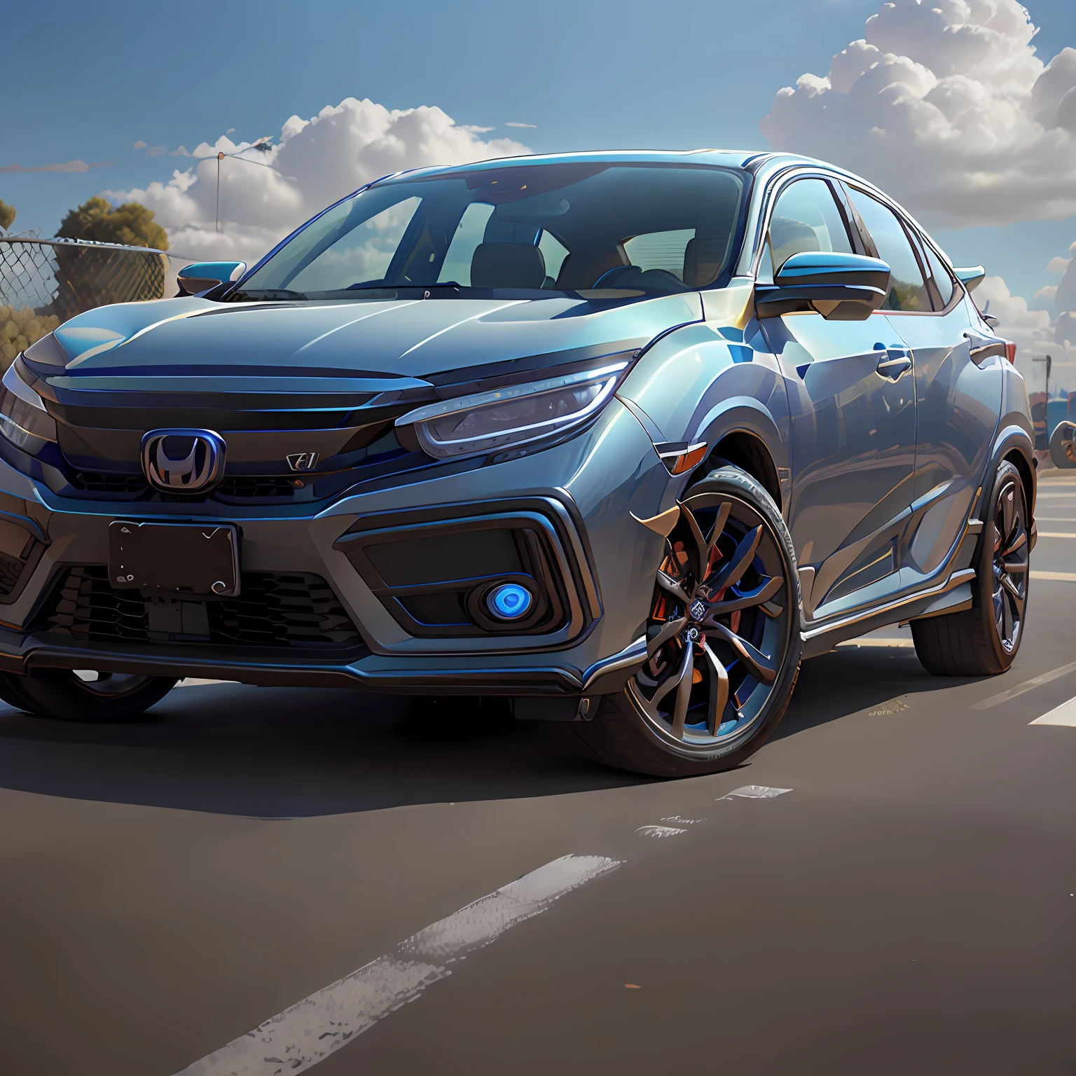 ( HONDA CIVIC o ano 2023),Rodas pretas,(vista lateral),Cores 64 k, (AZUL)),4D ,rota 66