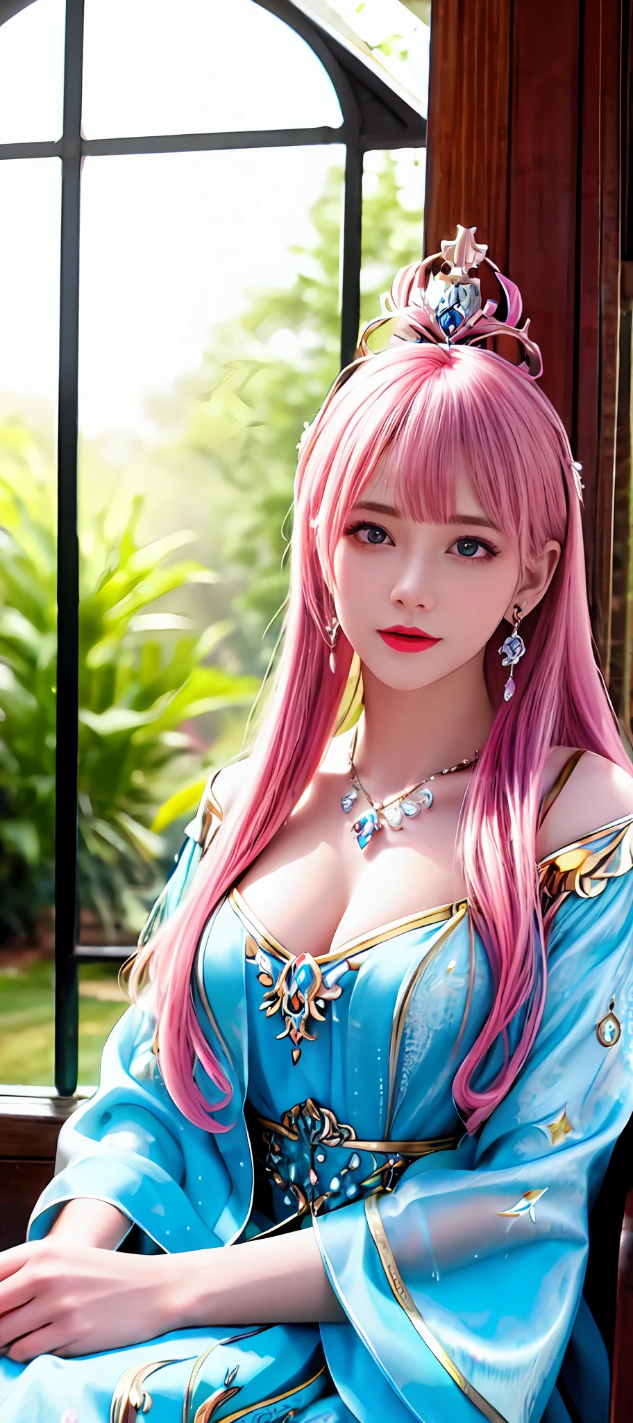 realisticity: 1.2), best quality, masterpiece, highres, super detail, ultra detail, cg, 1girl, queen, sword, long hair, dress, diamond dress, solo, jewelry, yellow dress, wearing a very beautiful dress, there are lots of diamonds on her dress which is very beautiful,

wearing a very beautiful crown, earrings, hair ornament, splashing, upper body super realistis, hair bun, blue and pink hair, sitting on a magnificent and beautiful royal throne backgraun super realistis and super detail, ultra detail, lighting,candid, Photograph, high resolution, 8k, 10k, Bokeh,