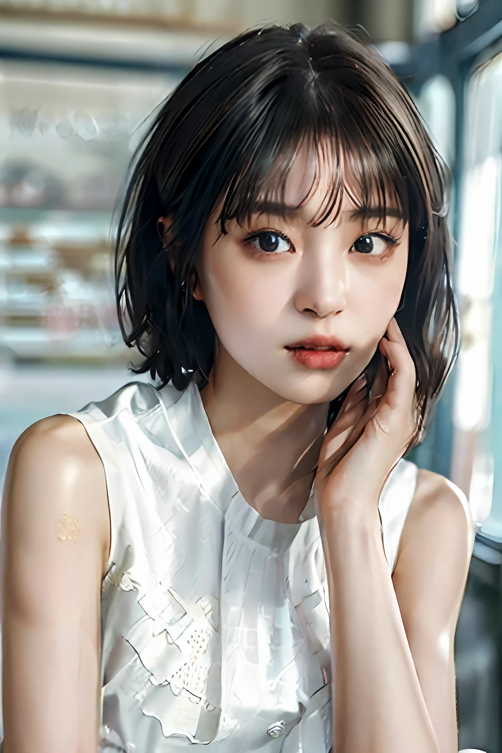((top-quality、8K、​masterpiece:1.3))、1girl in、fullnude、Beautiful woman with accentuated slim abs:1.3、White sleeveless shirt、(Light Brown Hairstyle Super Detail Face、Delicat eyes、二重まぶた、School、top-quality、8K:1.2)、(women's pictures、1girl in:1.2)、