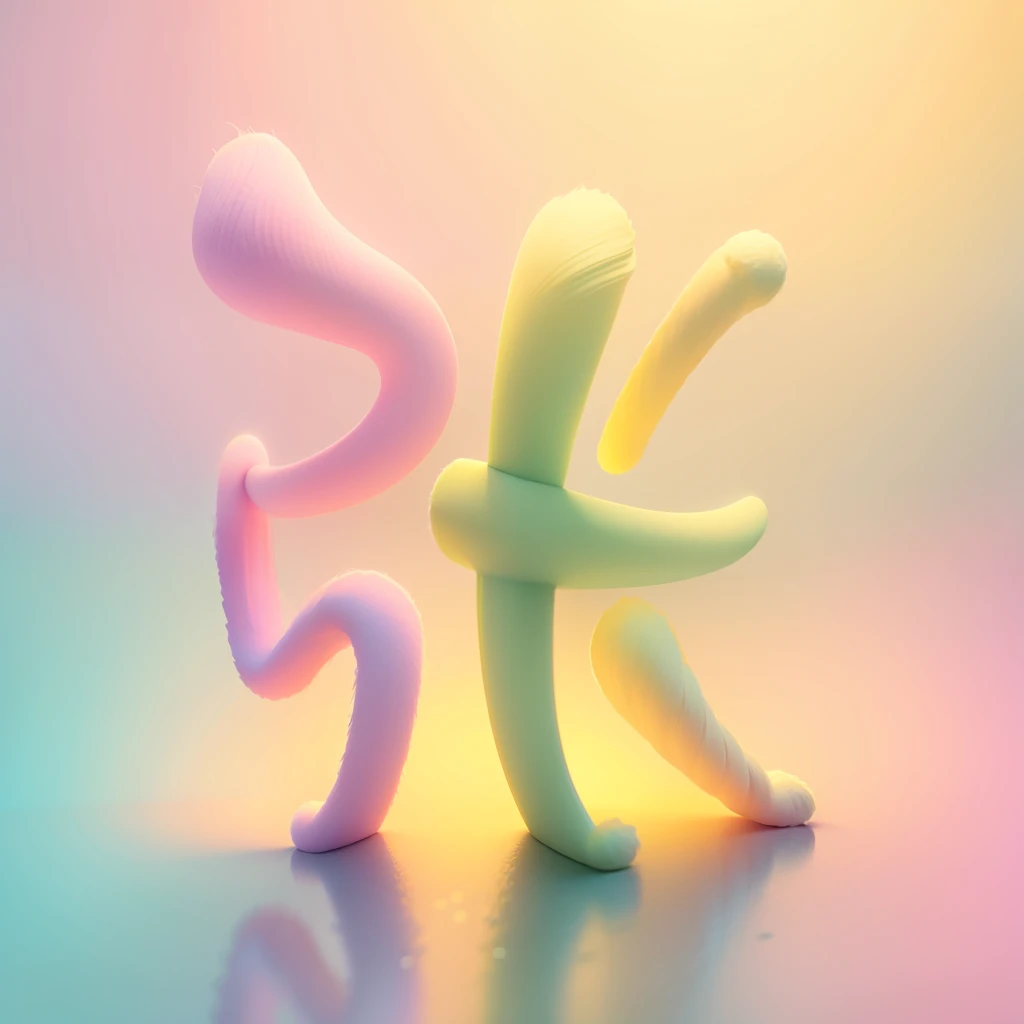 Fluffy font，Photorealsitic（Fluffy feeling，Soft material，Fluffy），fluffy background，Fluffy yarn，Surrounded by fluffy greenish-yellow-pink，Natural soft light，minimalistic background，3D stereoscopic effect。