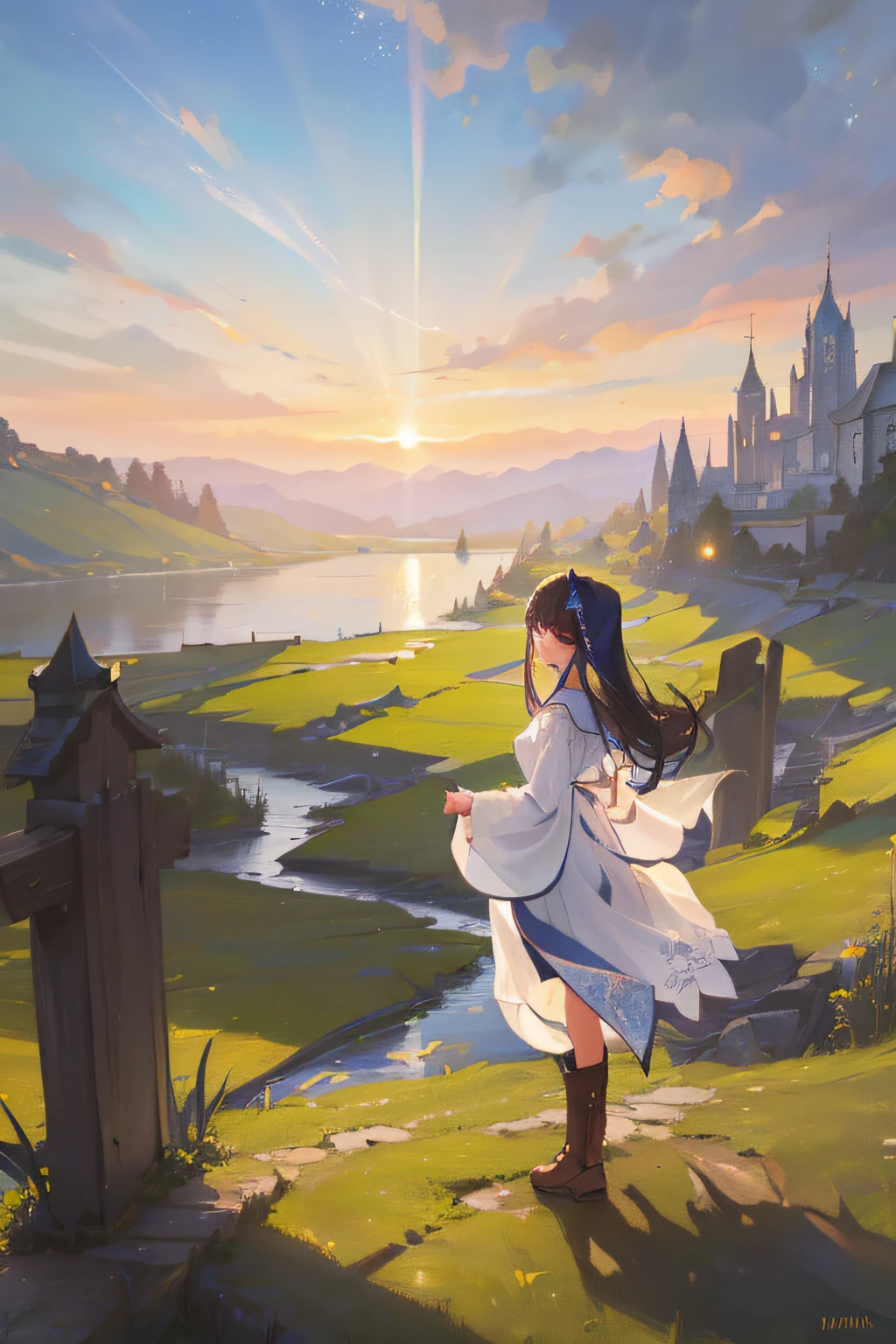 (highly detailed), ((masterpiece)),(Impasto), intricate, digital painting,shadow ,landscapes , fantasy,delicate grassland,(piers:1.3),(lake:1.3),(villiage:1.2),lights,clear sky ,wind ,beautiful sky ,cumulus ,(night star)