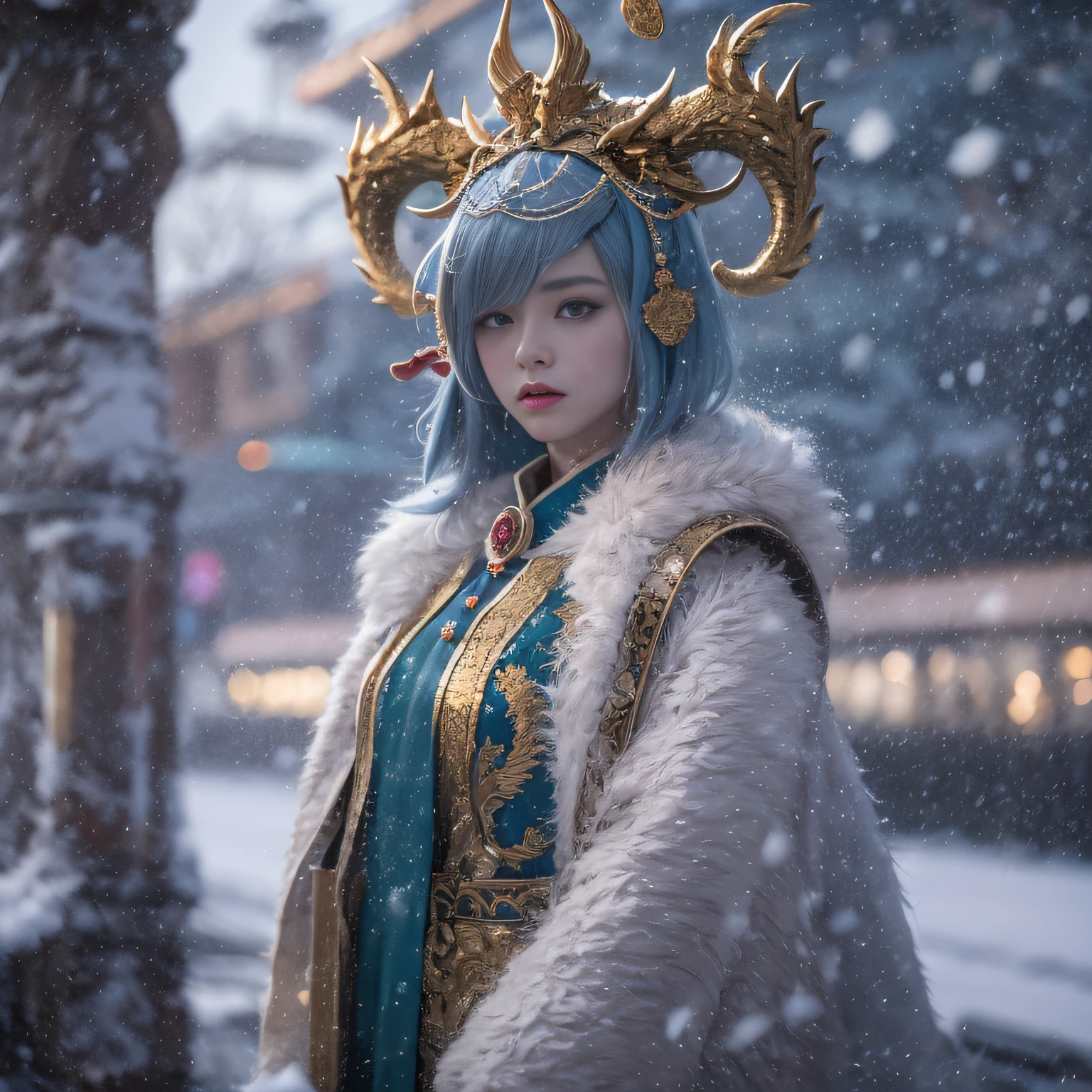 16k（tmasterpiece，k hd，hyper HD，16k）short detailed hair，Vintage train sleeper area，Snow manhood ，Two Golden Dragon Protectors （realisticlying：1.4），Python robe，Purple apron，Snowflakes fluttering，The background is pure， A high resolution， the detail， RAW photogr， Sharp Re， Nikon D850 Film Stock Photo by Jefferies Lee 4 Kodak Portra 400 Camera F1.6 shots, Rich colors, ultra-realistic vivid textures, Dramatic lighting, Unreal Engine Art Station Trend, cinestir 800，