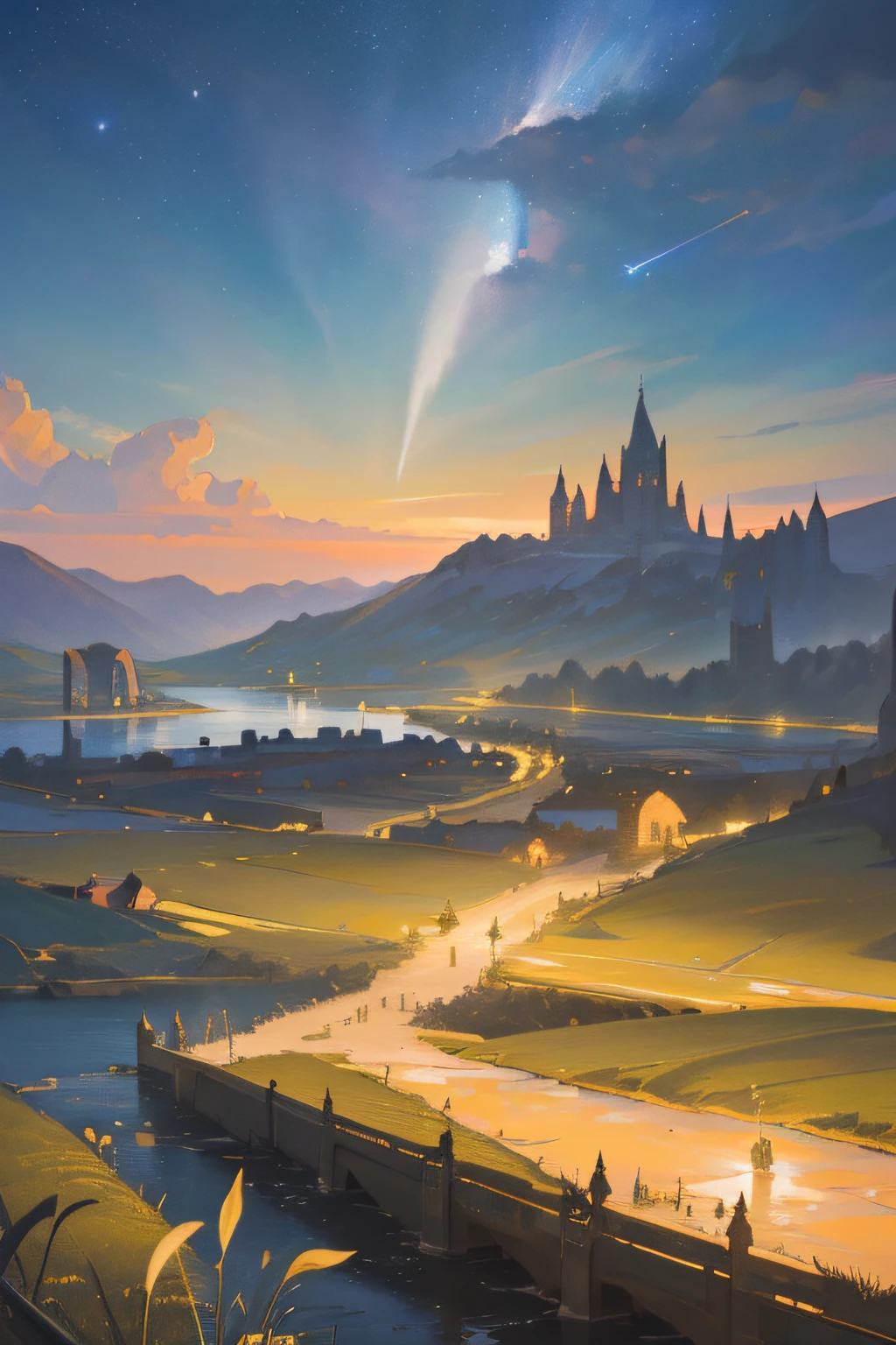 (highly detailed), ((masterpiece)),(Impasto), intricate, digital painting,shadow ,landscapes , fantasy,delicate grassland,(piers:1.3),(lake:1.3),(villiage:1.2),lights,clear sky ,wind ,beautiful sky ,cumulus ,(night star)