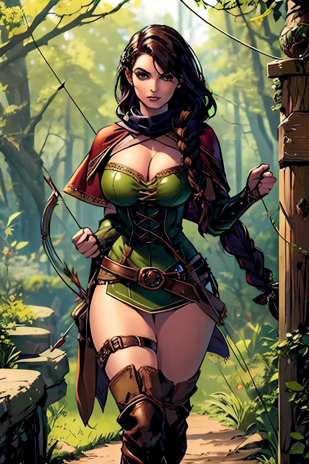 (masterpiece, top quality, best quality, official art, beautiful and aesthetic:1.2), (1girl:1.3), dark brown hair in a single braid, ((huge braid)), extremely detailed, portrait, looking at viewer, solo, (full body:0.6), detailed background, close up, cat eyes, (warm summer forest theme:1.1), elf ranger, charlatan, smirk, mysterious, walking in forest, revealing ranger attire, brown leather, cowl, cloak, corset, long boots, buckles, straps, pouches, bow and arrow, green fabric, brown leather, ((gigantic breasts, cleavage, skindentation)), slim waist, slim hips, long legs, medieval (forest exterior:1.1) background, dark mysterious lighting, shadows, magical atmosphere, dutch angle