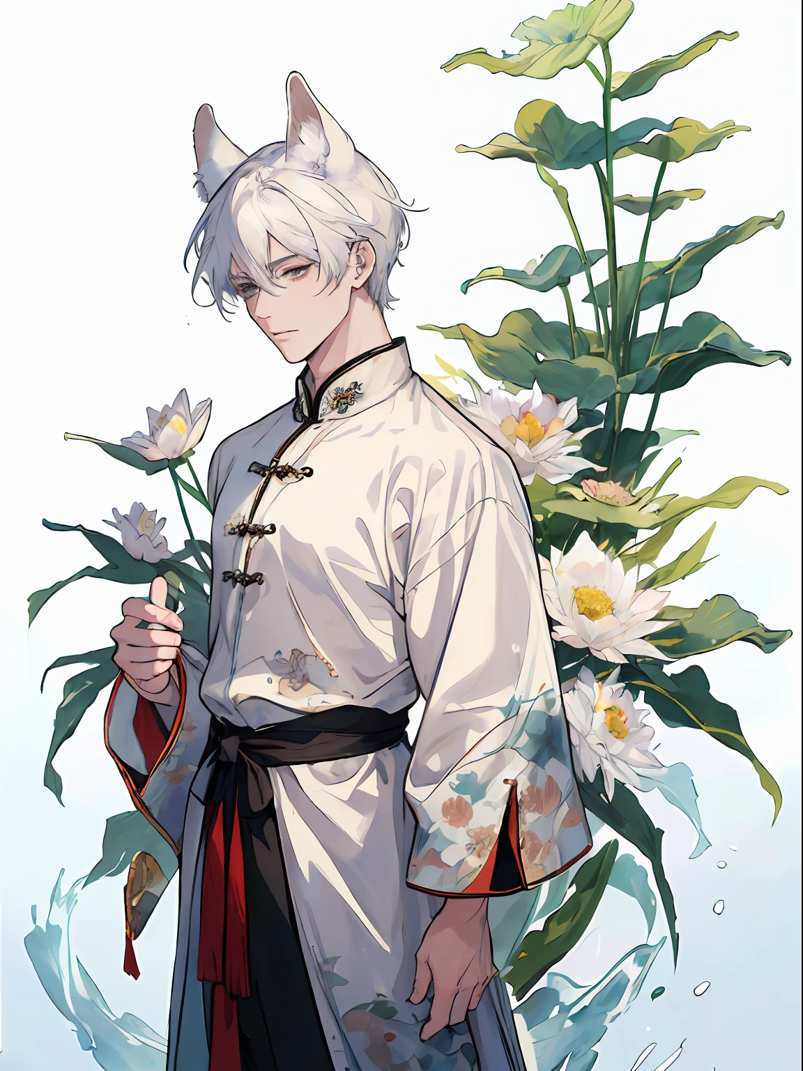 ((4K、masterpiece、top-quality))、((2 males)), ink and watercolor painting、Traditional Chinese Ink Painting、lotuses、Hanfu、Maxi Kit、Dress conservatively、 white hair, Fox ears, bule, florals, Lots of flowers nearby, coyote、pup、shenron、extra detailed face、Looking at the viewer
