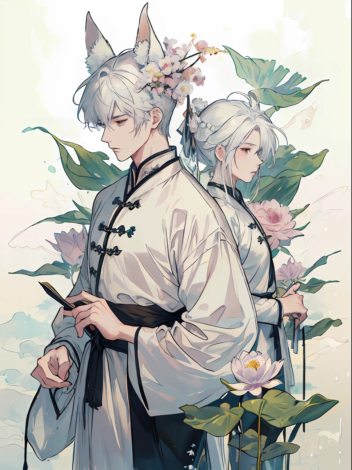 ((4K、masterpiece、top-quality))、((2 males)), ink and watercolor painting、Traditional Chinese Ink Painting、lotuses、Hanfu、Maxi Kit、Dress conservatively、 white hair, Fox ears, bule, florals, Lots of flowers nearby, coyote、pup、shenron、extra detailed face、Looking at the viewer