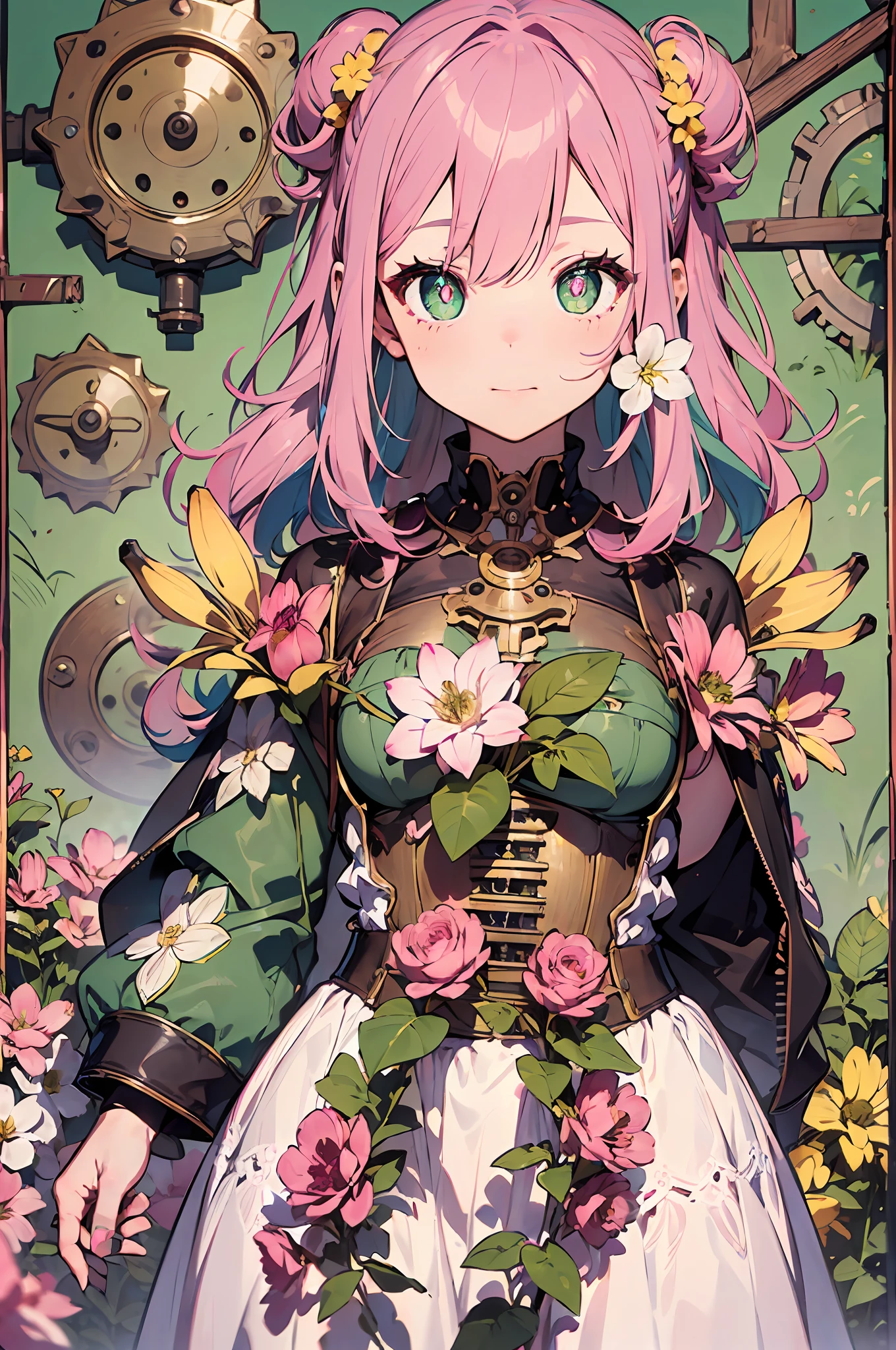 banana in:2、Colorful flowers、steampunc、((Pink hair, Long hair,Straight hair,two side up)) (Green eyes),eyeshadows, eye line,gloweyes, ultradetailed eyes, intricate eyes, Beautiful eyes, ((Glowing pink pupils))18-year-old girl.