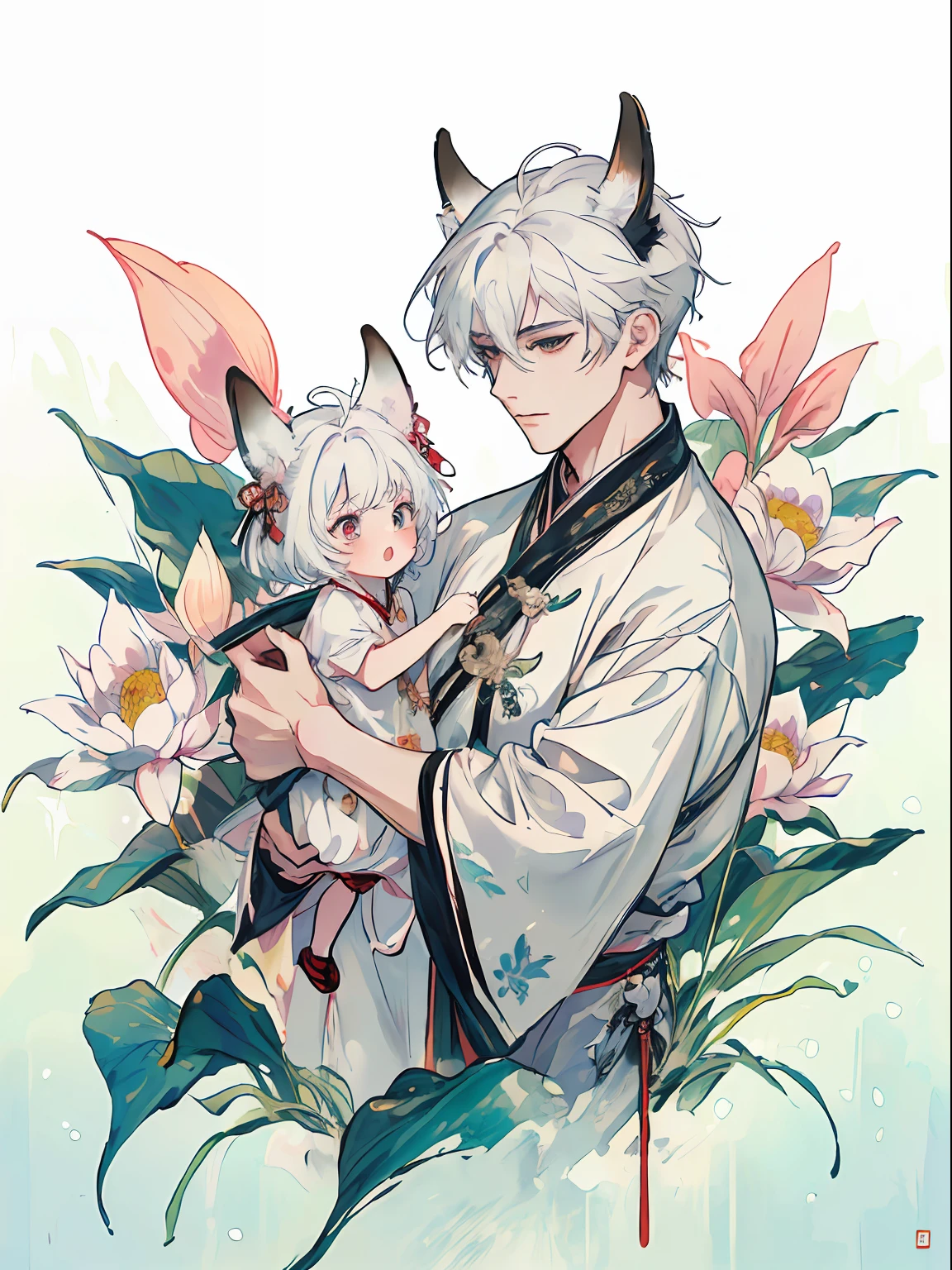 ((4K、​masterpiece、top-quality))、((2 males)), ink and watercolor painting、Traditional Chinese Ink Painting、lotuses、Hanfu、Maxi Kit、Dress conservatively、 white  hair, Fox ears, bule, florals, Lots of flowers nearby, coyote、pup、shenron、extra detailed face、Looking at the viewer