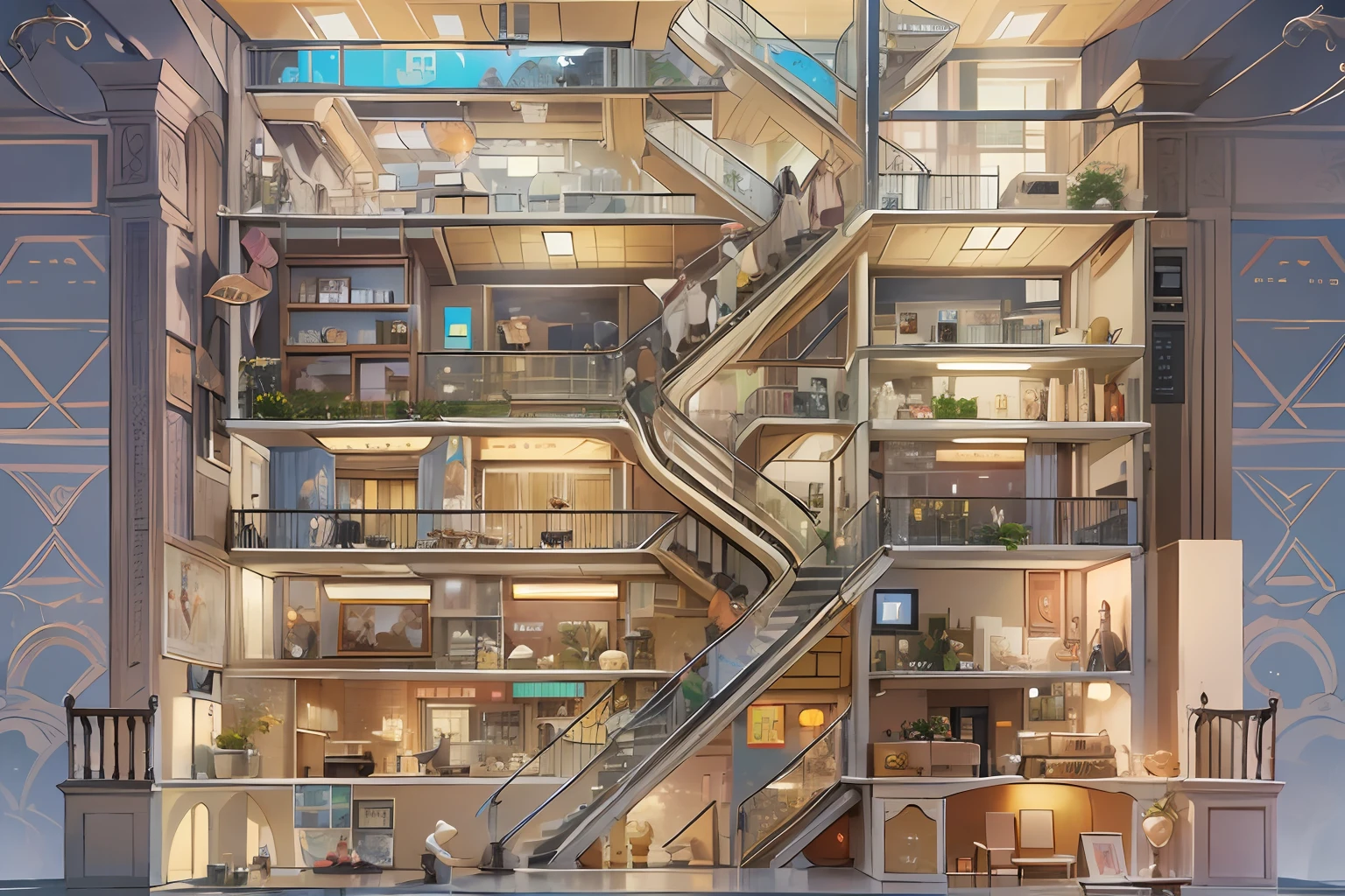 profile view(Interior of a four-story building)、Multiple rooms arranged neatly,Brian Kessinger、cartoonish style,(dream magical,Conceptual digital art,(The is very detailed,reasonable design,Clear lines,High clarity,The best quality,tmasterpiece,4K)