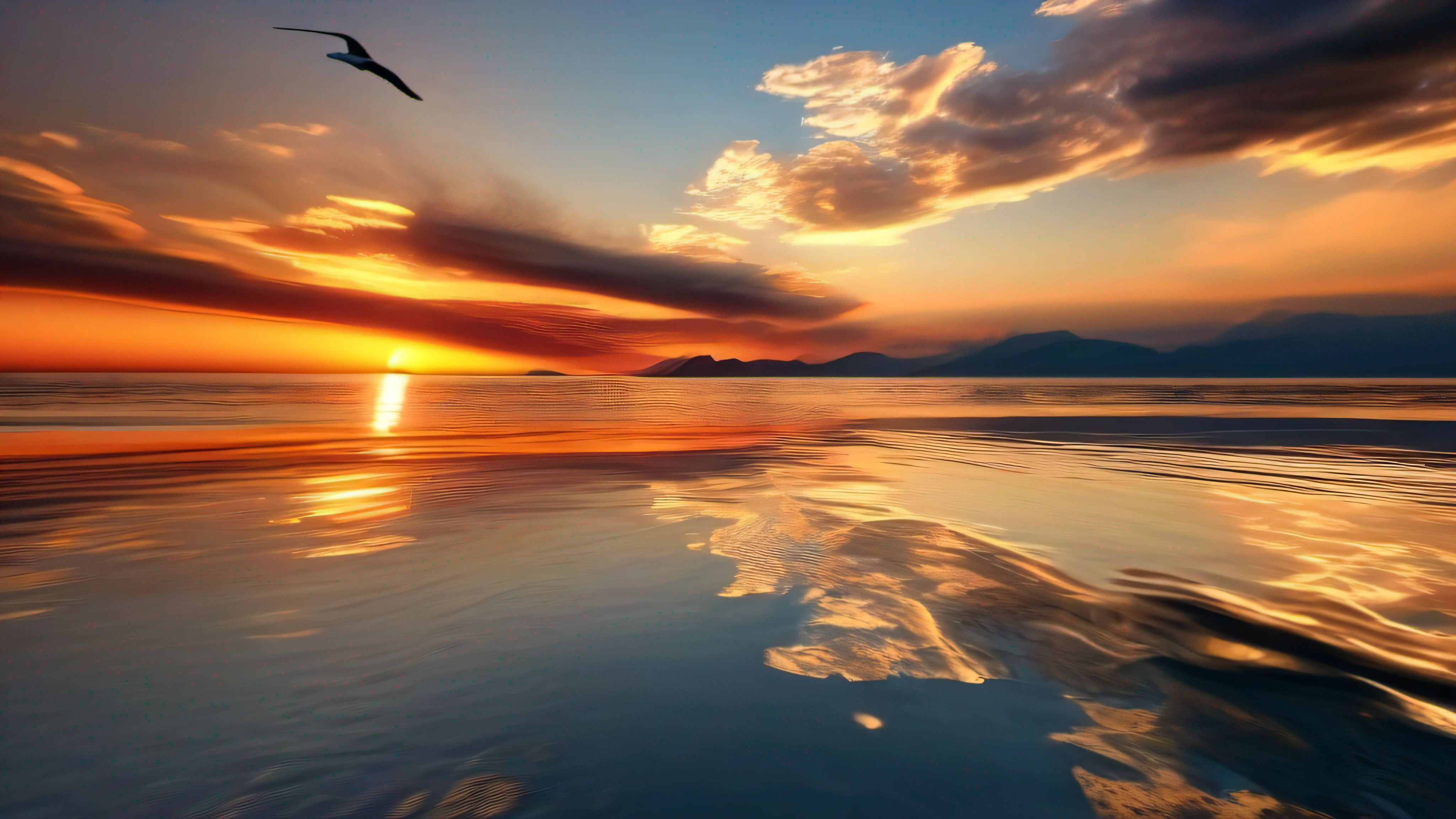 Burning clouds,The ocean at dusk,Mirror-like water,There is a wild goose flying in the sky,The breath of nature,Complex and diverse backgrounds,hyper HD, Ray traching, reflective light,structurally correct, Award-Awarded, high detal, lightand shade contrast, Face lighting,cinmatic lighting, tmasterpiece, super detailing, high high quality, high detal, best qualityer, 16k