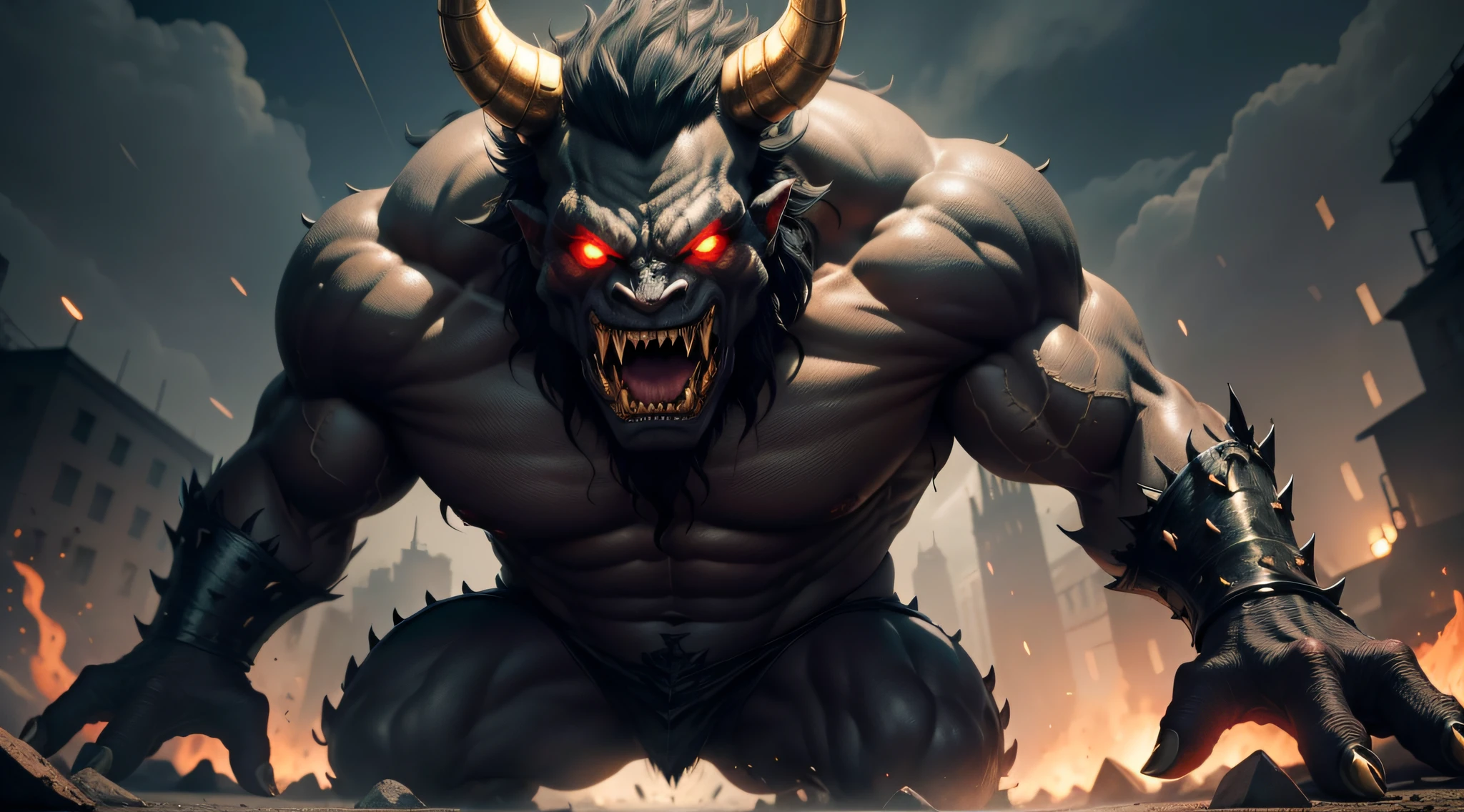 The monster is a large and powerful creature, with black skin and golden horns, It has glowing red eyes, and razor-sharp teeth. The monster is fast, strong and incredibly dangerous,