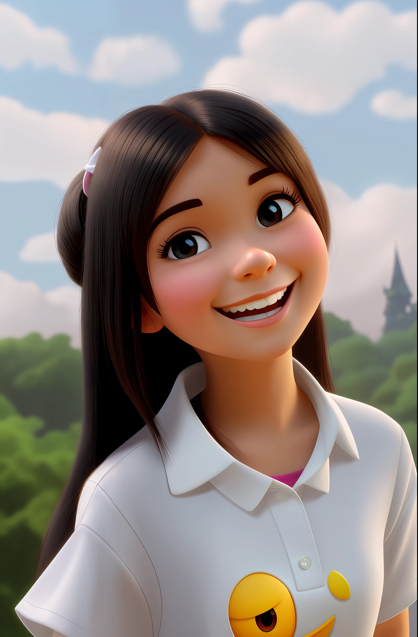 Smiling girl with long black hair and white shirt, Young Asian girl, 3D style，disney's princess，pixar animation，Cartoon image with big eyes