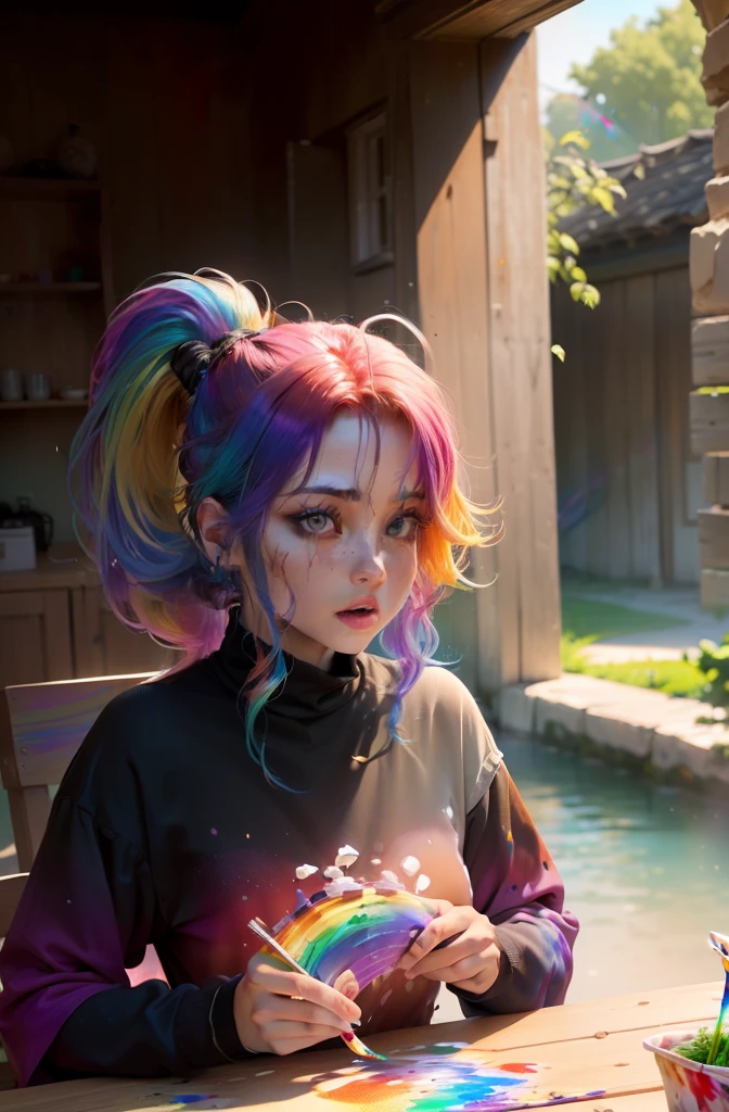 (T-shirt Pink Fashion: 1.9),(Cabelo colorido: 1.8), (all colors of the rainbow: 1.8),(((((pintura vertical:1.6))), (pintura:1.6),frente, banda desenhada, Illustrations, pinturas, olhos grandes, olhos cristalinos,( Color gradient rainbow high ponytail:1.7), maquiagem requintada, boca fechada,(Small Fresh: 1.5),(Limpar peito: 1.6), long eyeslashes, T-shirt branca fora do ombro, camisa de ombro branco, looking up at the audience, grandes olhos lacrimejantes, (rainbow colored hair:1.6), respingo de cor, (solo: 1.8), respingo de cor, burst of colour, estilo de pintura grossa, messy lines, ((brilhante)), (colorido), (colorido), (colorido), colorido, estilo de pintura grossa, (splash) (respingo de cor), pintura vertical, parte superior do corpo, respingo de tinta, Acrylic Pigment, gradiente, tinta, mais alta qualidade de imagem, mais alta qualidade, obra-prima, solo, profundidade de campo, pintura facial, roupas coloridas, (elegante: 1.2), lindo, cabelo longo, vento, (elegante: 1.3),((obra-prima))),((melhor qualidade))),((ultra-detalhado)),(illustration),(dinamic angle),((flutuante)),(pintura),((cabelo desgrenhado)),(solo),(1girl) , (((rosto anima detalhado))),((rosto detalhado anima)),(belo rosto detalhado)),colar,ombros nus,cabelos brancos, ((cabelo colorido)),((cabelo listrado)),(olhos detalhados bonitos,(gradient color eyes),((olhos coloridos))),(((fundo colorido))),(high saturated))),((cercado por respingos coloridos))),
