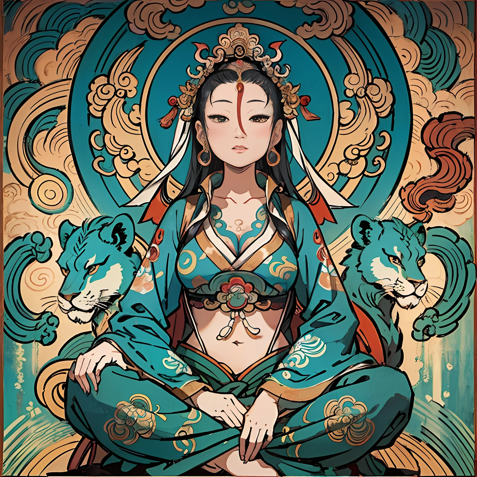 an ancient Chinese goddess, guanyin of the southern seas, Guanyin, Inspired by India, Avalokiteshvara rides a lion,,Serene expression,shui mo hua,Buddha,Buddhist,Lotus,Chinese painting style,Thangka style