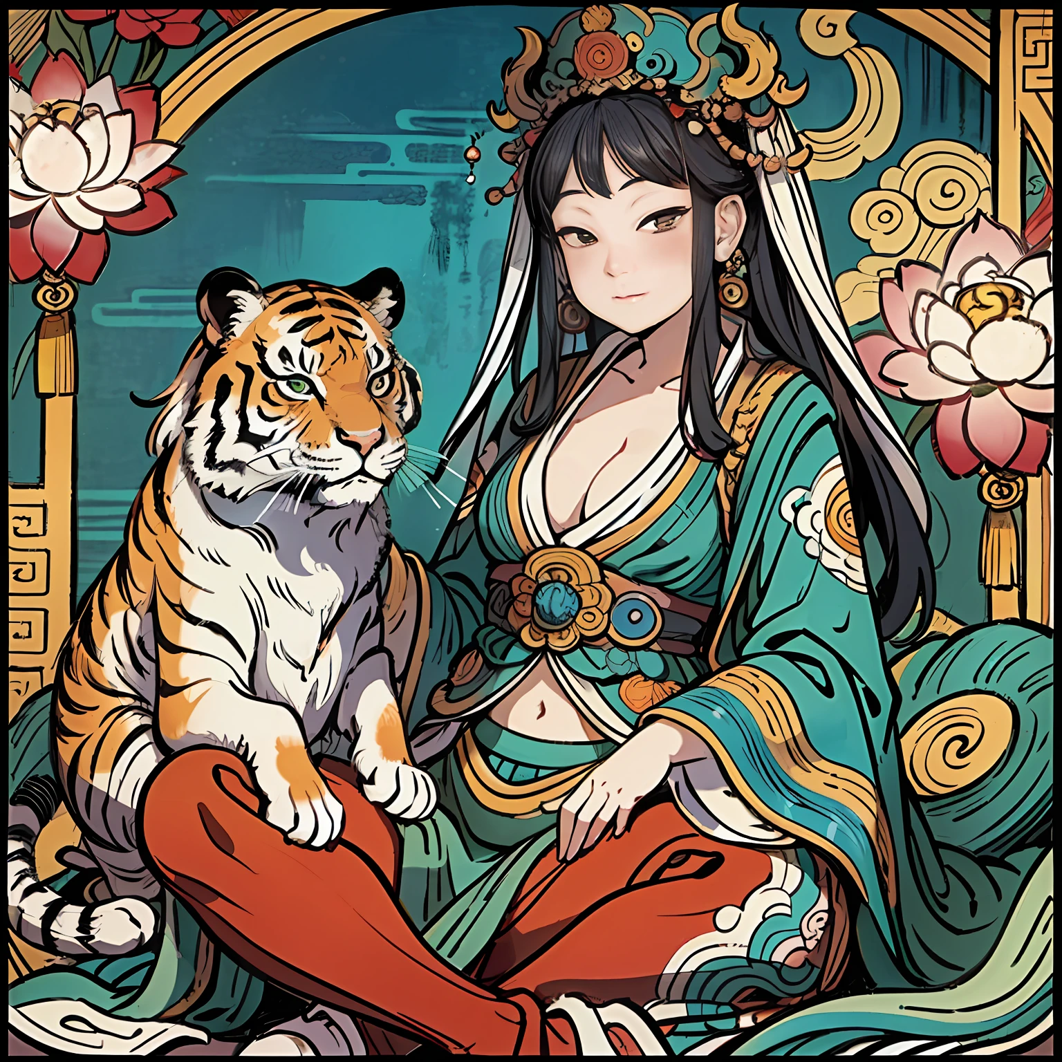 an ancient Chinese goddess, guanyin of the southern seas, Guanyin, Inspired by India, Avalokiteshvara rides a tiger,Serene expression,shui mo hua,Buddha,Buddhist,Lotus,Chinese painting style,Thangka style