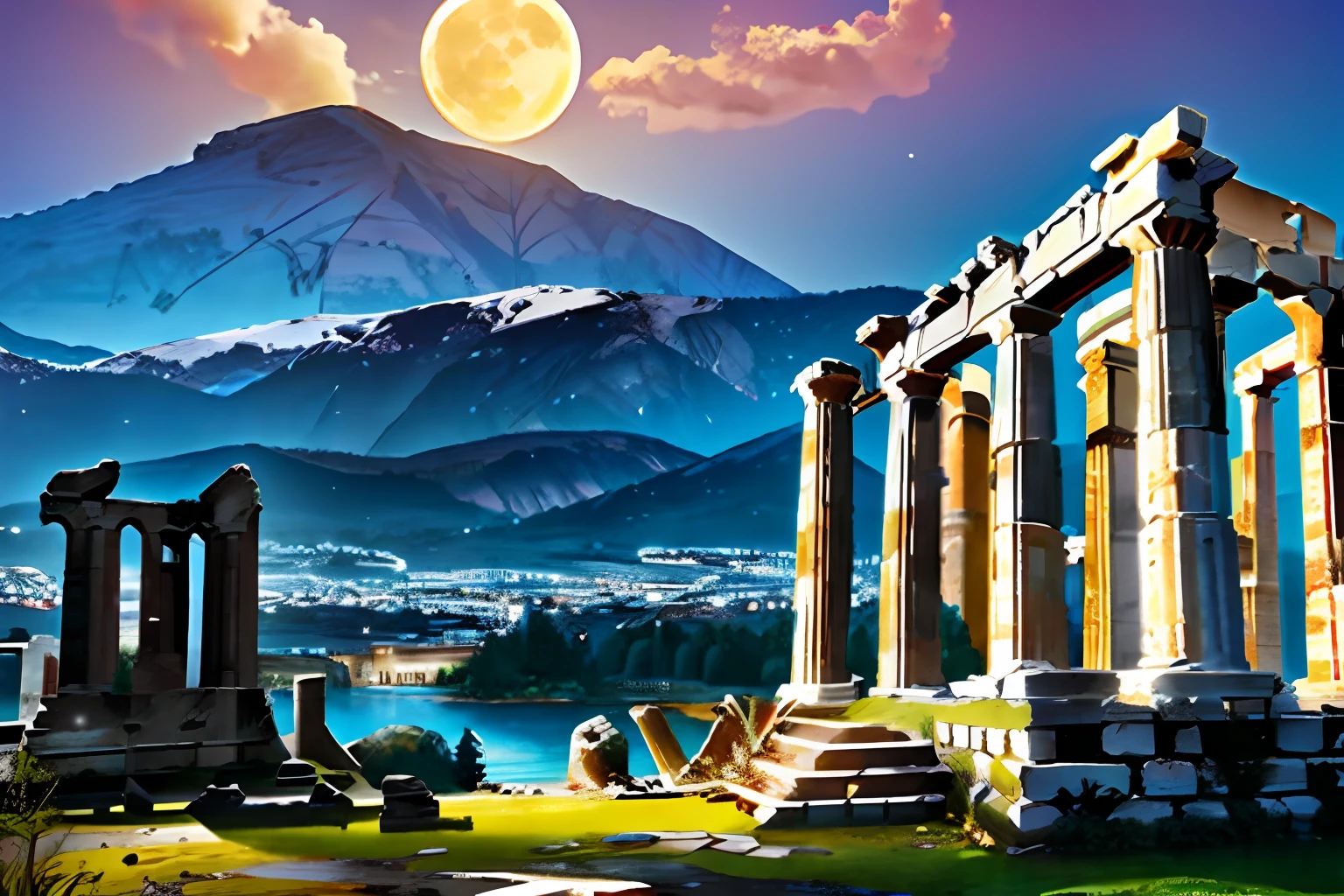 Greek mythology, Athena temple, (ruins:1.2), lake, marble pillar, triumphal arch, bridge, cityscape, outdoors, tower, moon, twilight, mountain, sunshine,