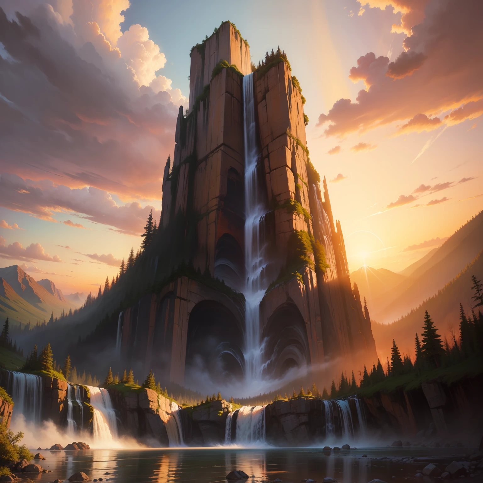 Vintage oil painting epic waterfall at magical sunset
